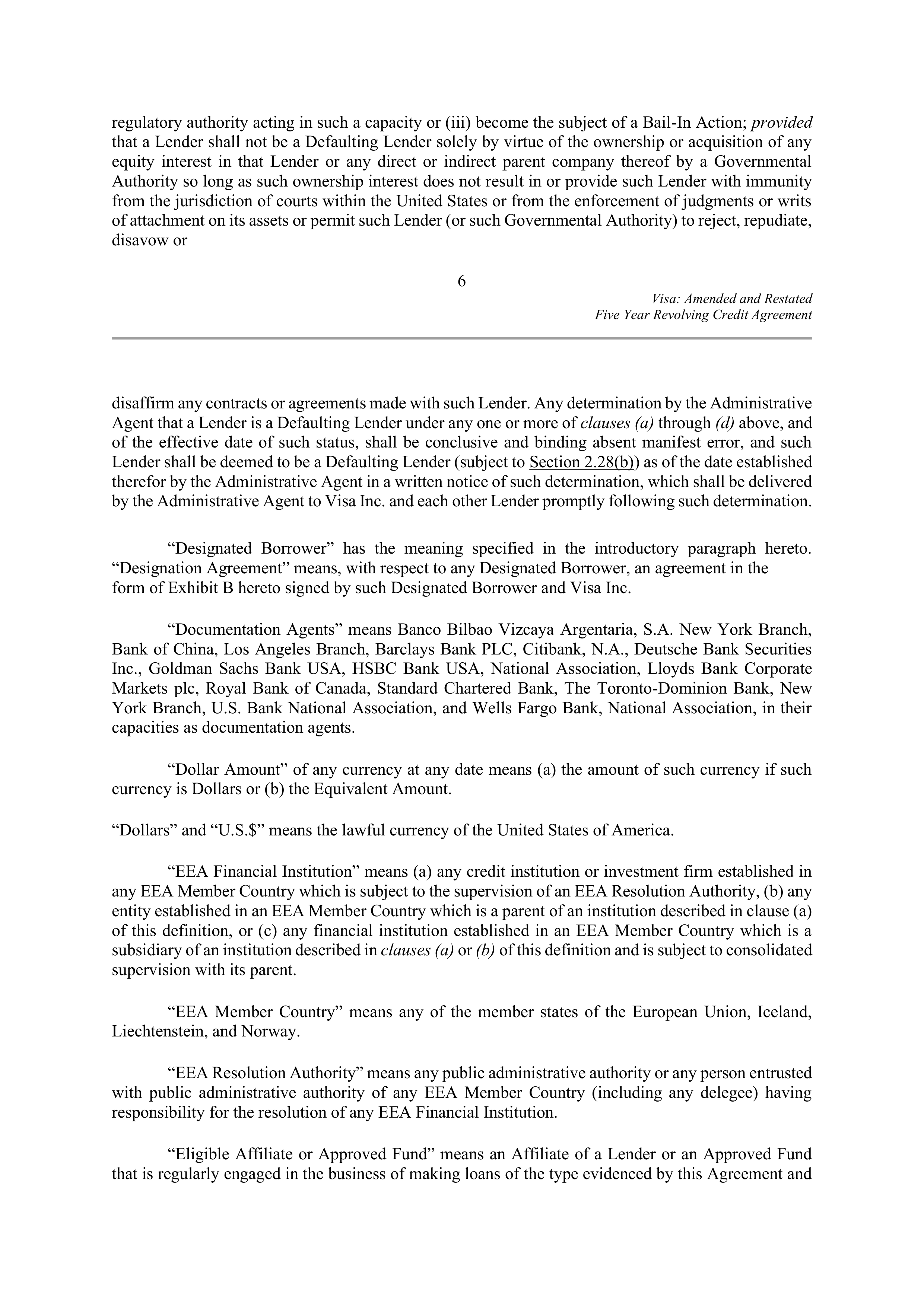 VISA AMENDED AND RESTATED FIVE YEAR REVOLVING CREDIT AGREEMENT — page 14