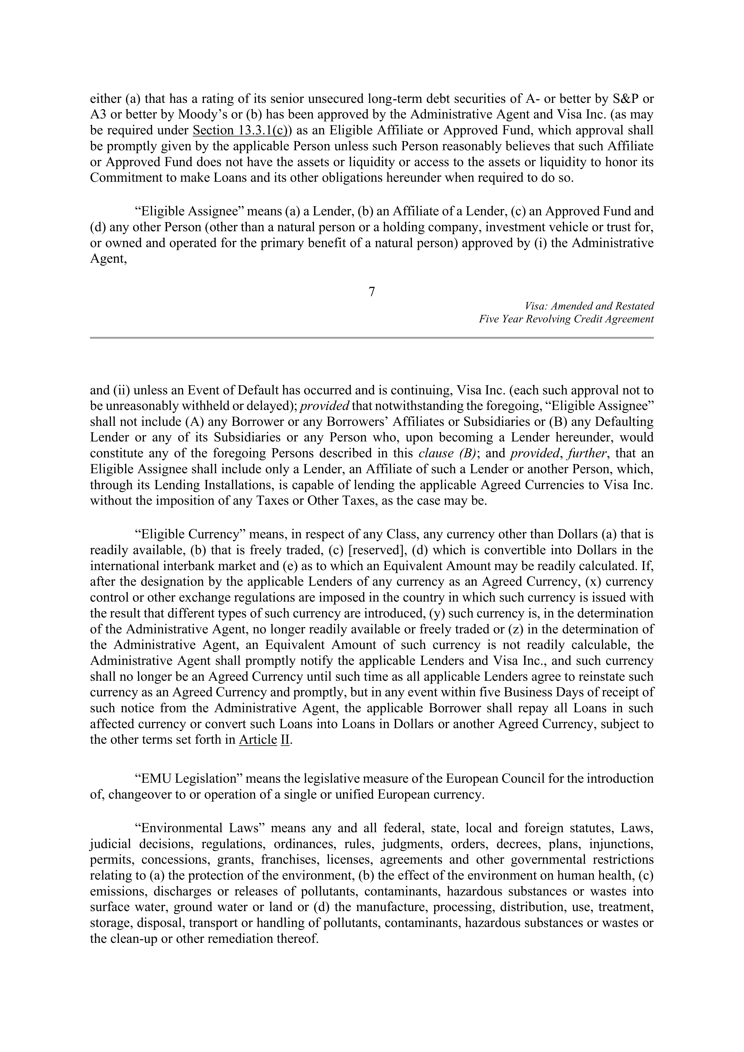 VISA AMENDED AND RESTATED FIVE YEAR REVOLVING CREDIT AGREEMENT — page 15