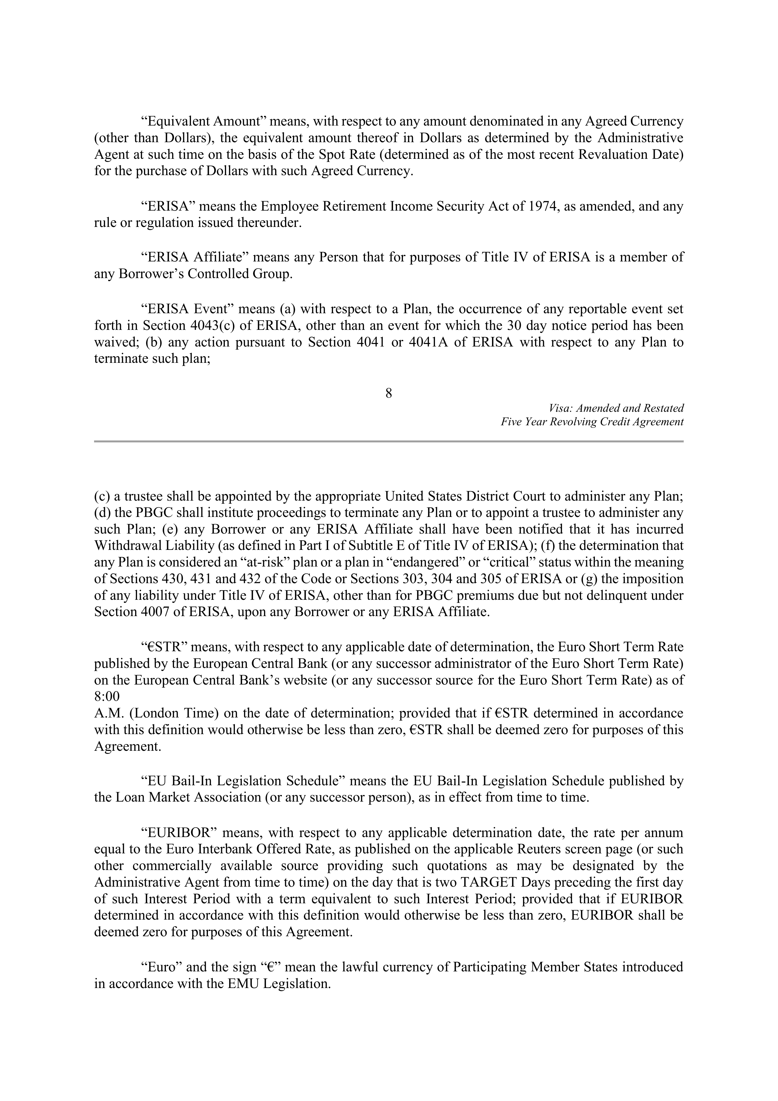 VISA AMENDED AND RESTATED FIVE YEAR REVOLVING CREDIT AGREEMENT — page 16