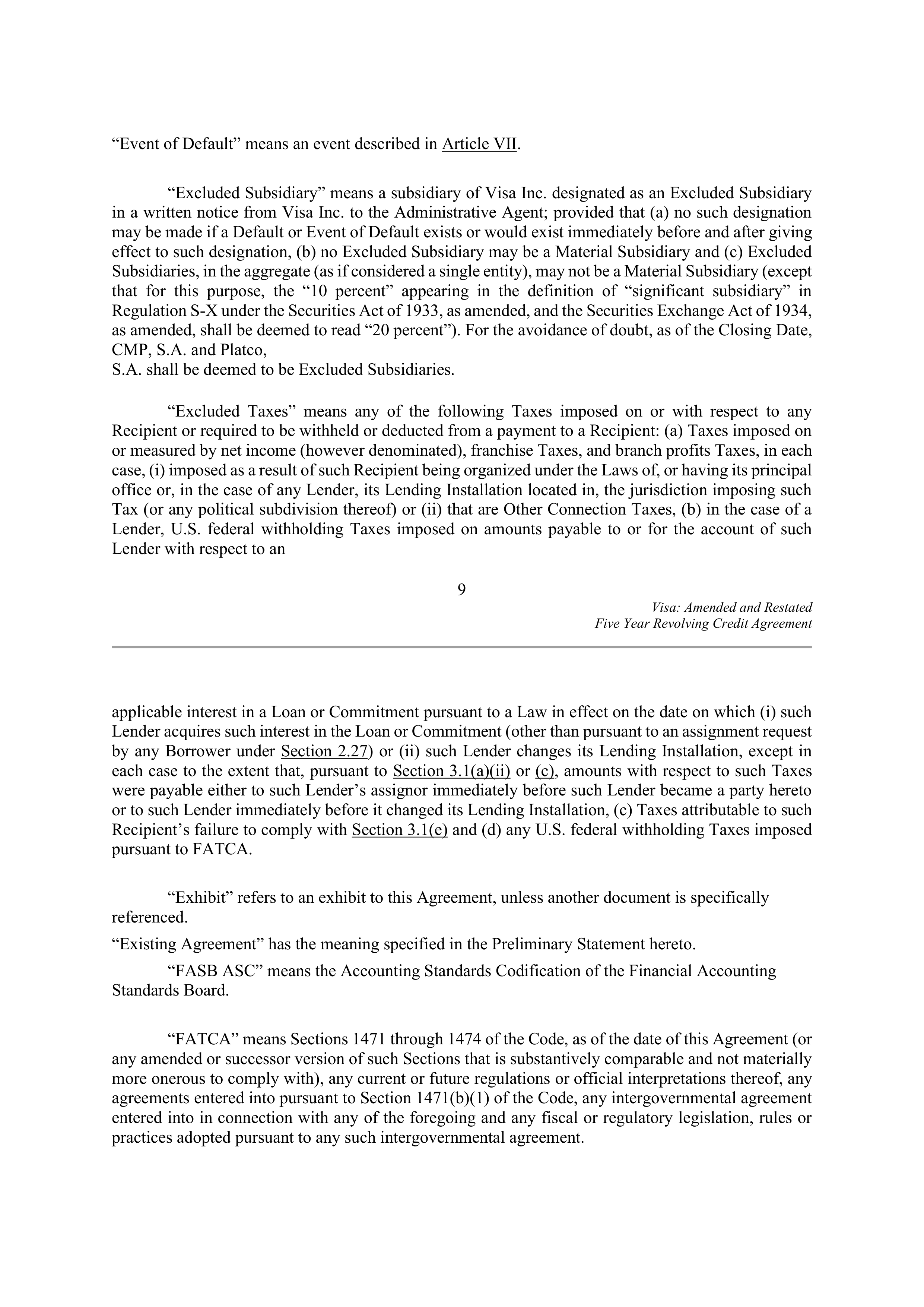 VISA AMENDED AND RESTATED FIVE YEAR REVOLVING CREDIT AGREEMENT — page 17