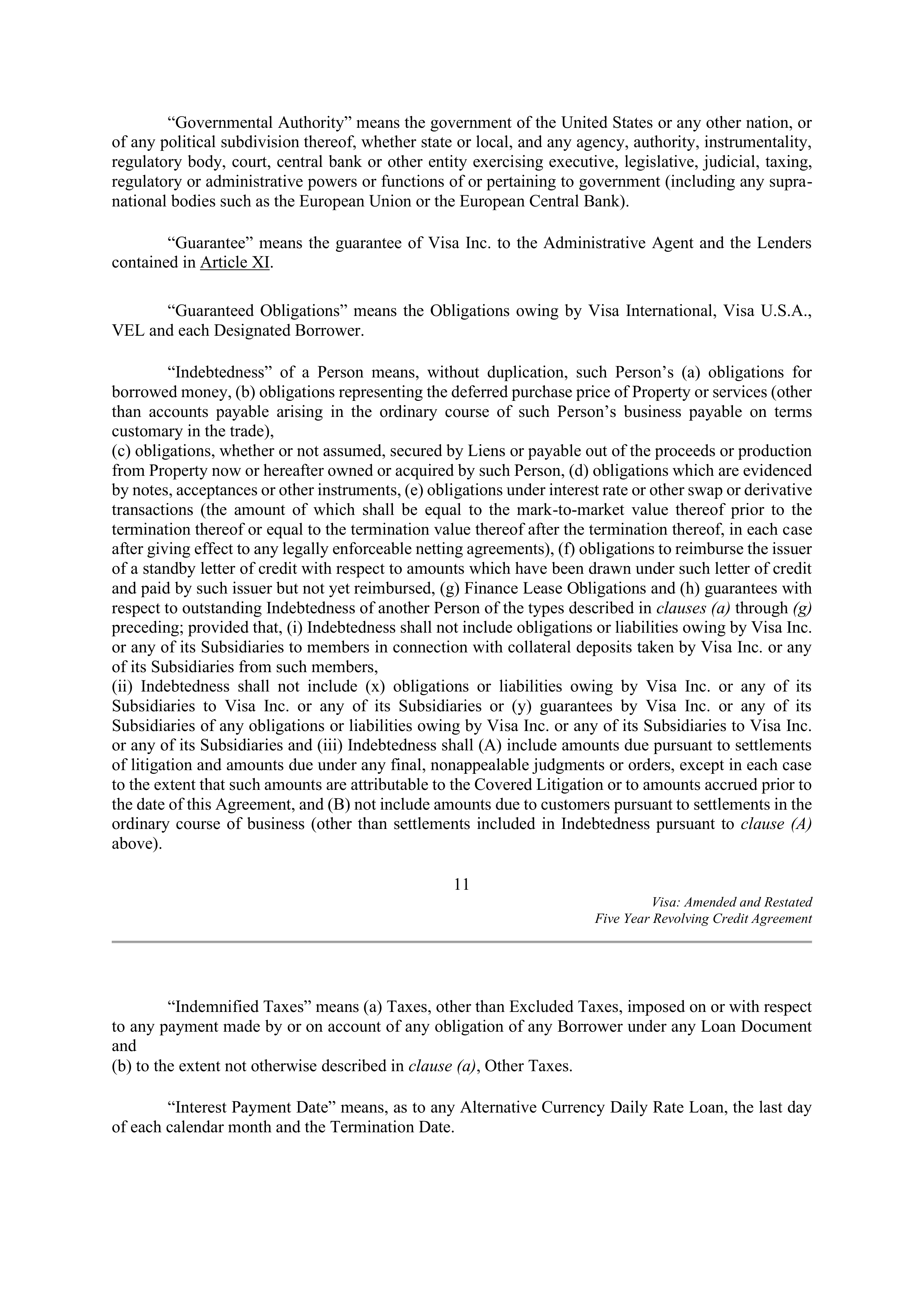 VISA AMENDED AND RESTATED FIVE YEAR REVOLVING CREDIT AGREEMENT — page 19