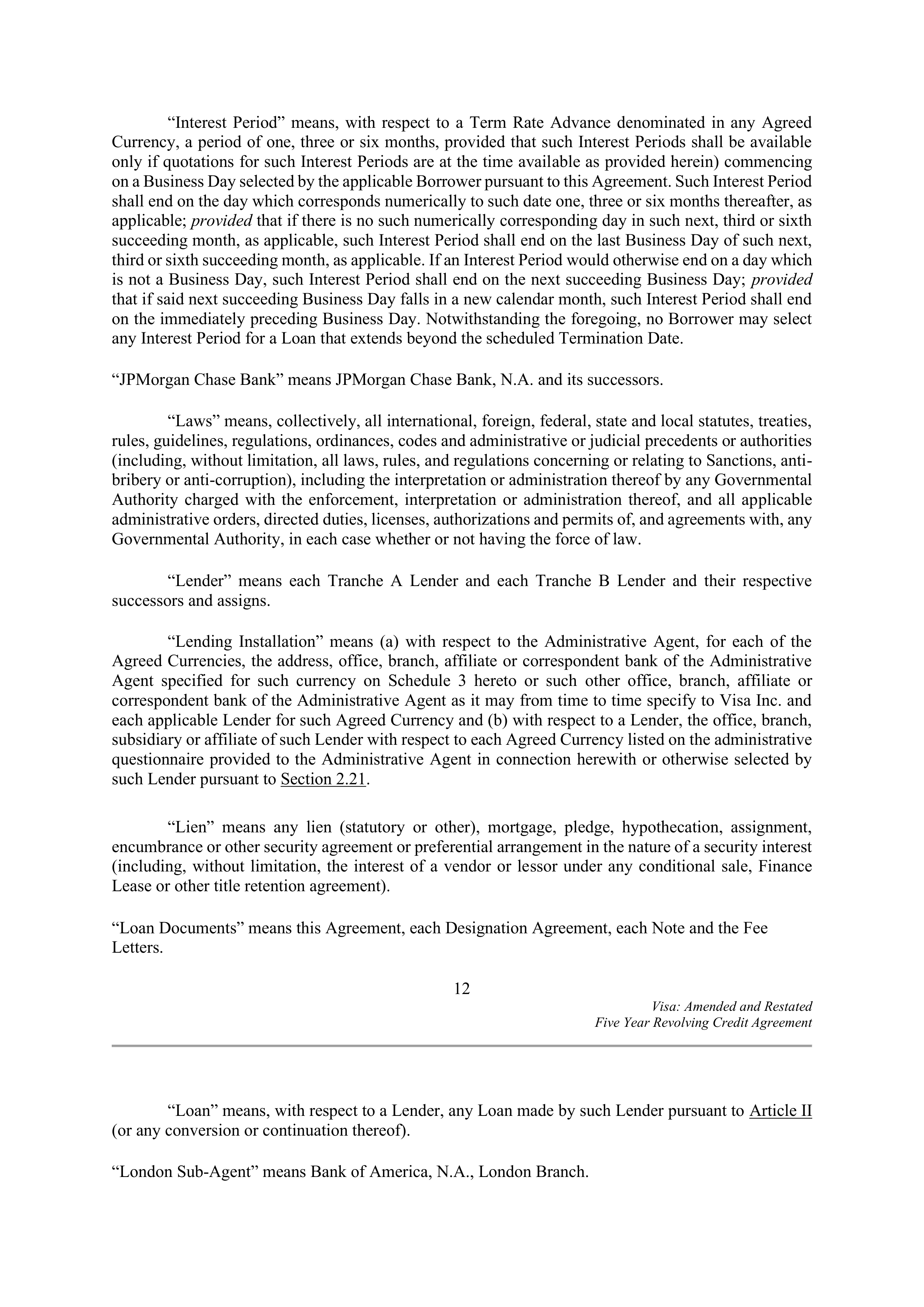 VISA AMENDED AND RESTATED FIVE YEAR REVOLVING CREDIT AGREEMENT — page 20