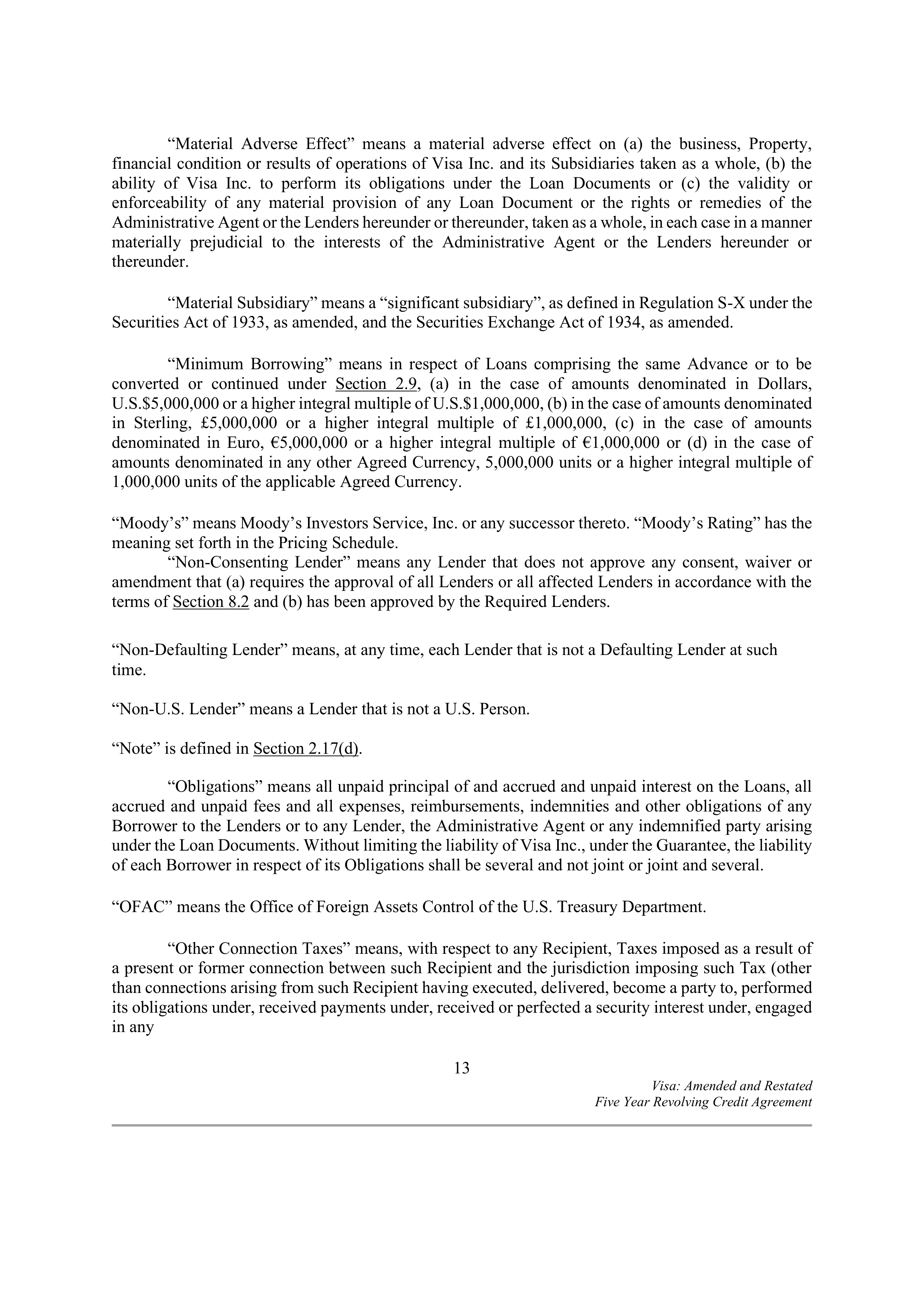 VISA AMENDED AND RESTATED FIVE YEAR REVOLVING CREDIT AGREEMENT — page 21