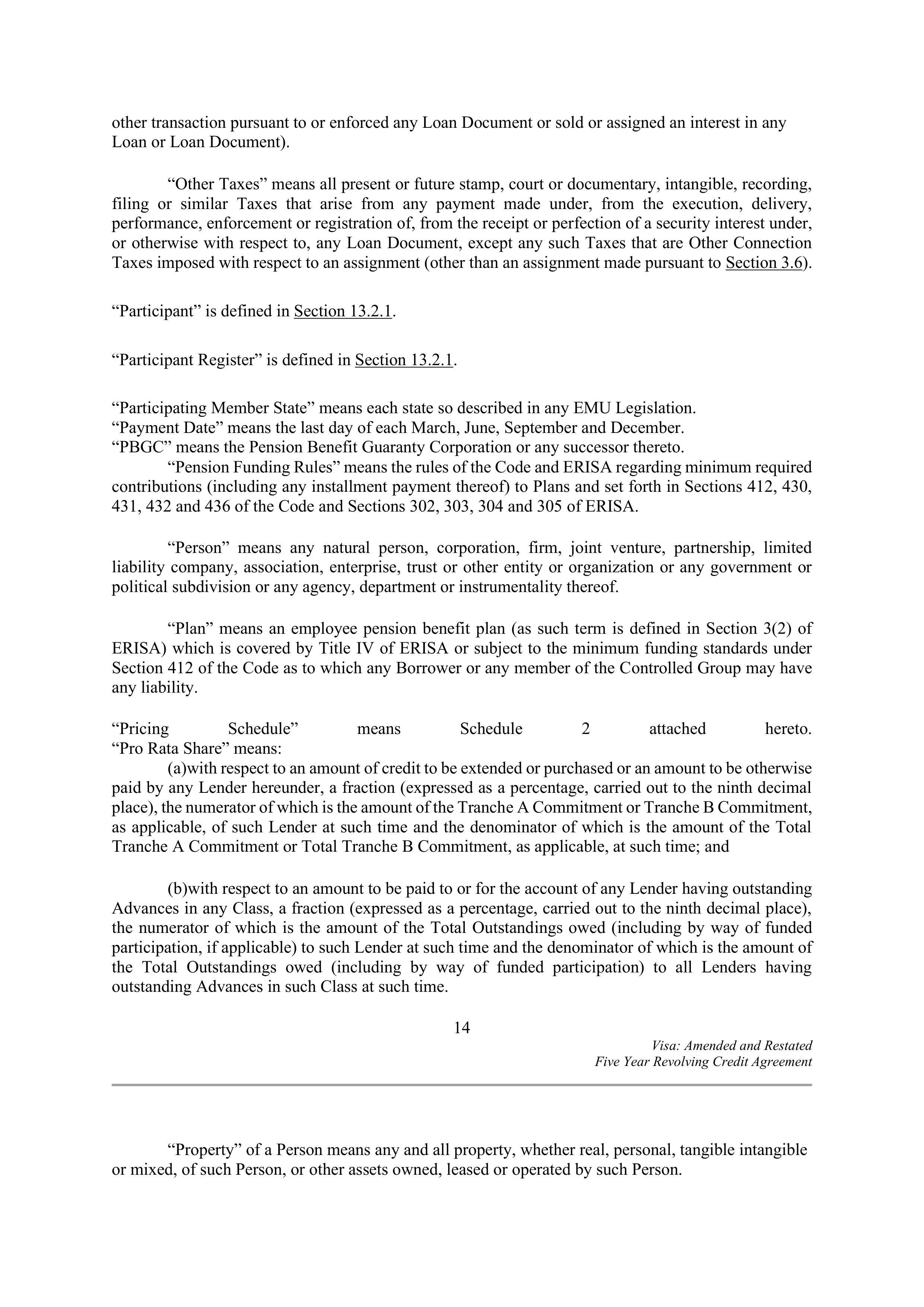 VISA AMENDED AND RESTATED FIVE YEAR REVOLVING CREDIT AGREEMENT — page 22