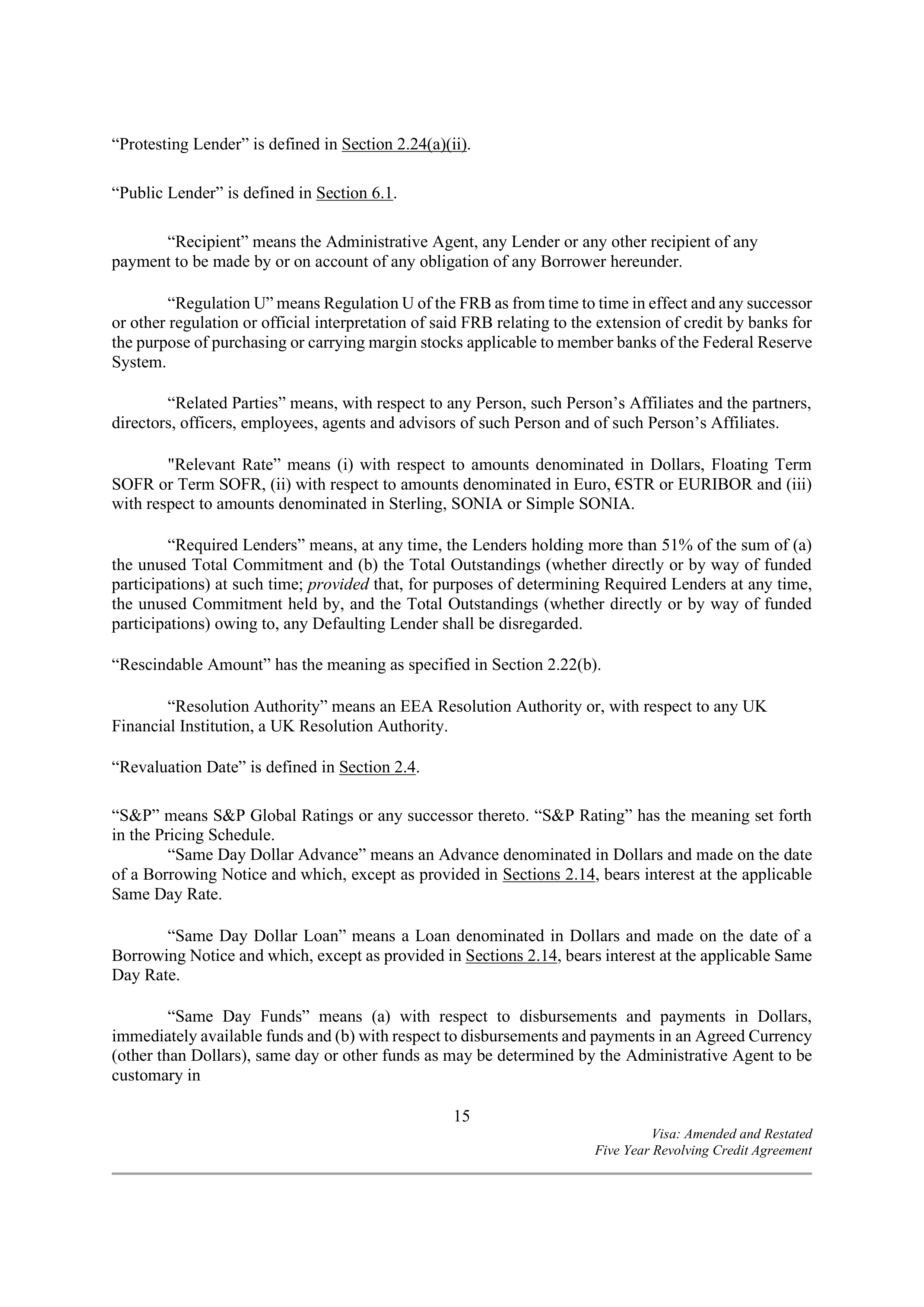 VISA AMENDED AND RESTATED FIVE YEAR REVOLVING CREDIT AGREEMENT — page 23