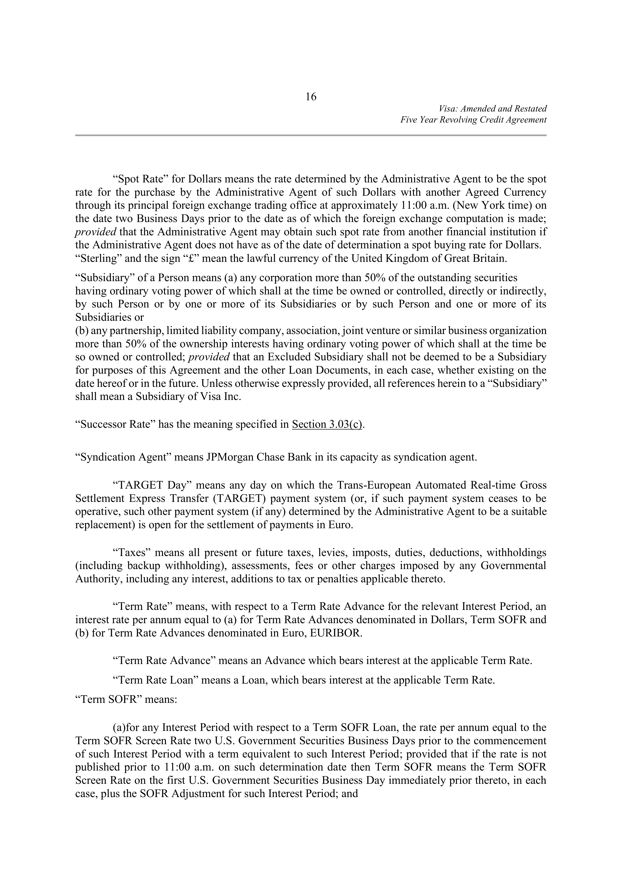 VISA AMENDED AND RESTATED FIVE YEAR REVOLVING CREDIT AGREEMENT — page 25