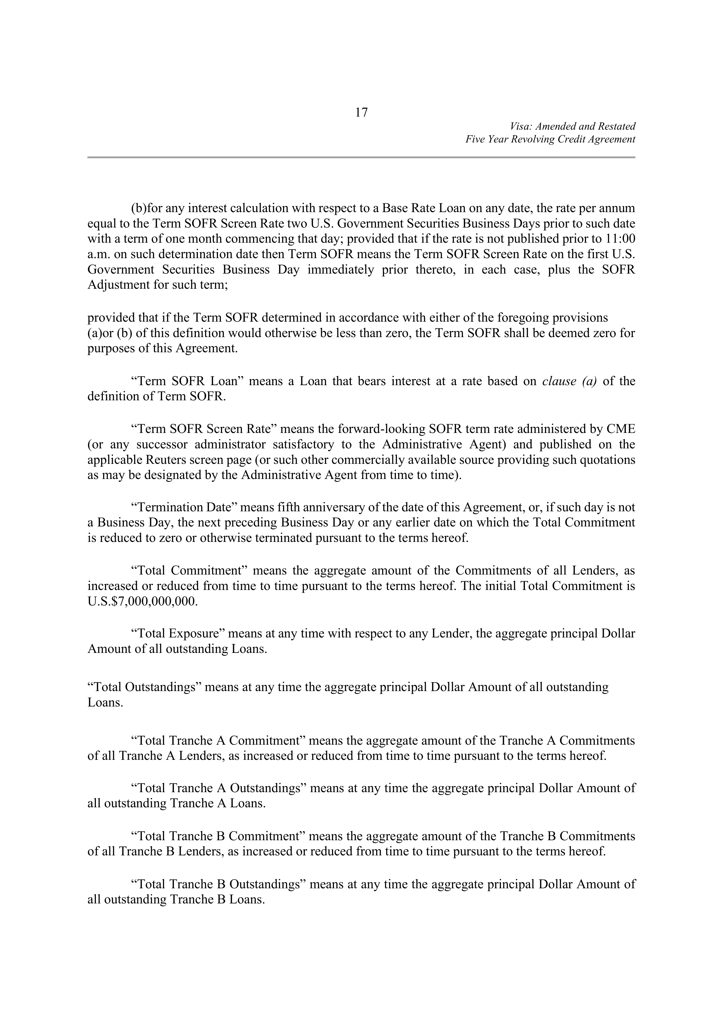 VISA AMENDED AND RESTATED FIVE YEAR REVOLVING CREDIT AGREEMENT — page 26
