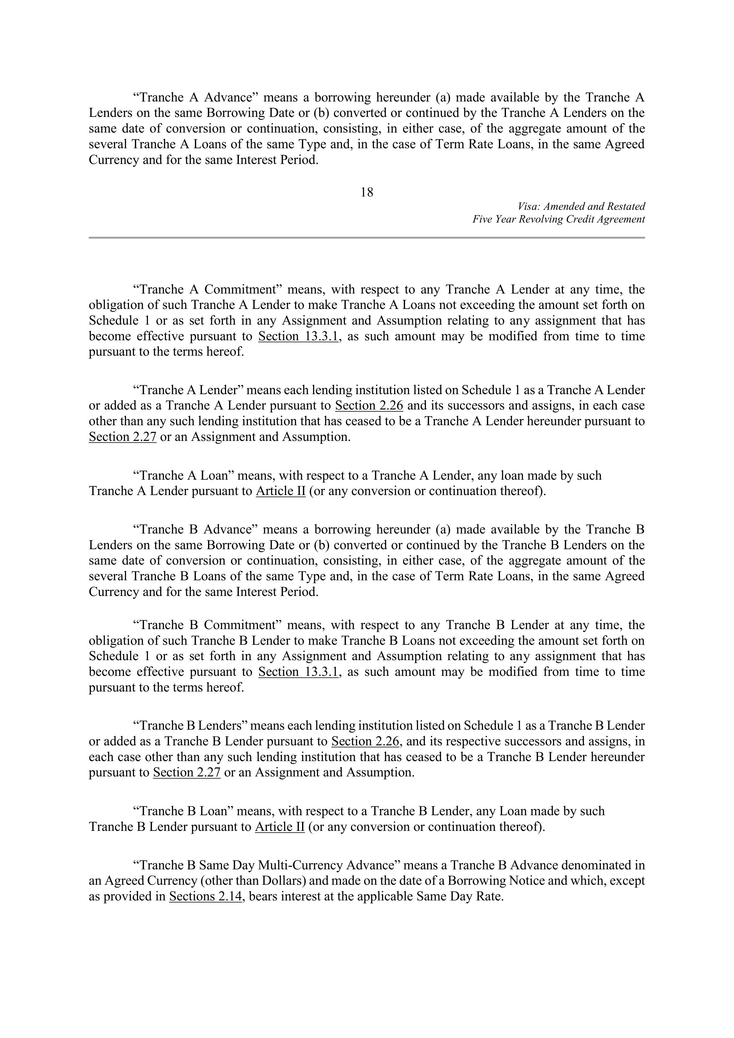 VISA AMENDED AND RESTATED FIVE YEAR REVOLVING CREDIT AGREEMENT — page 27