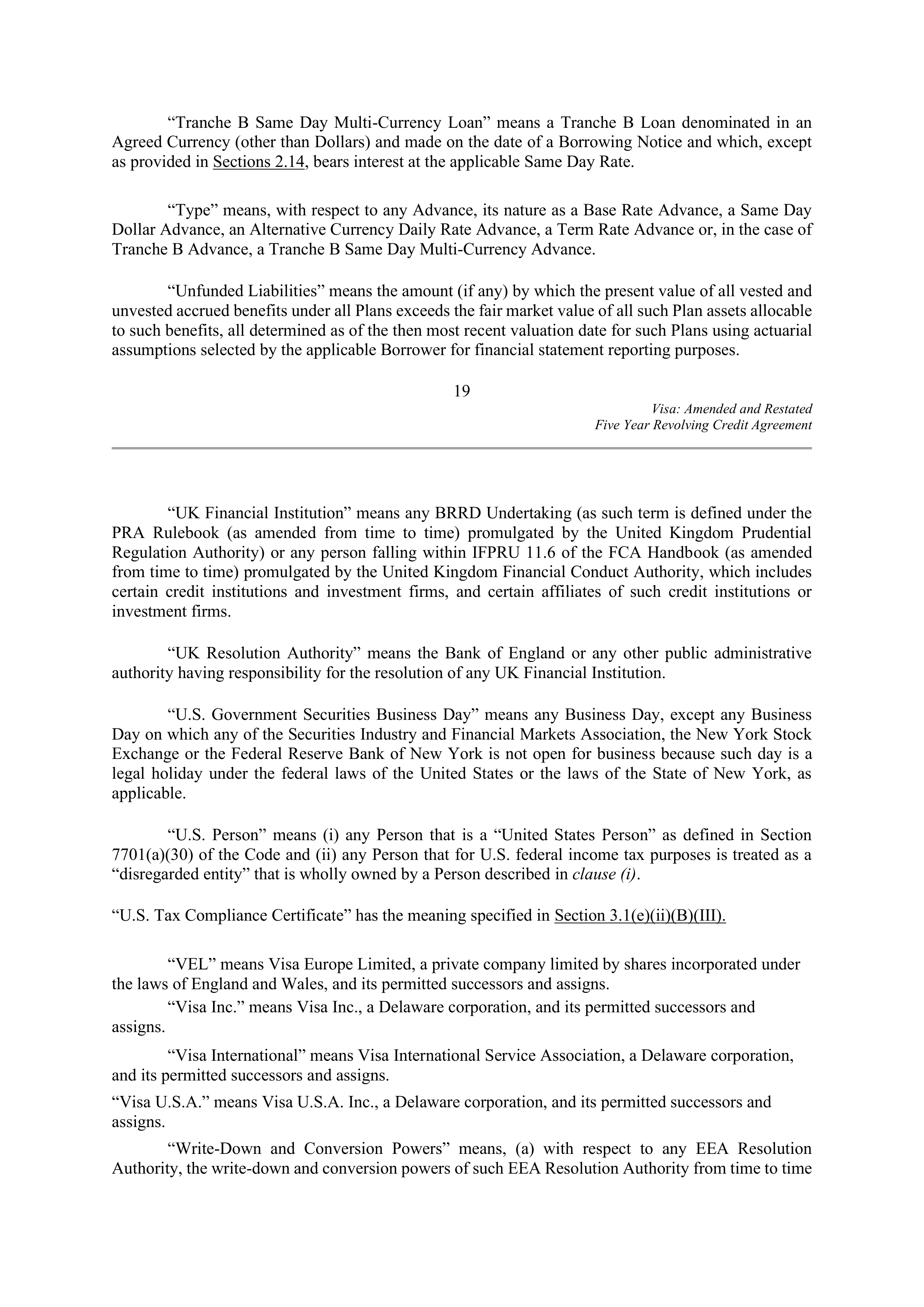 VISA AMENDED AND RESTATED FIVE YEAR REVOLVING CREDIT AGREEMENT — page 28