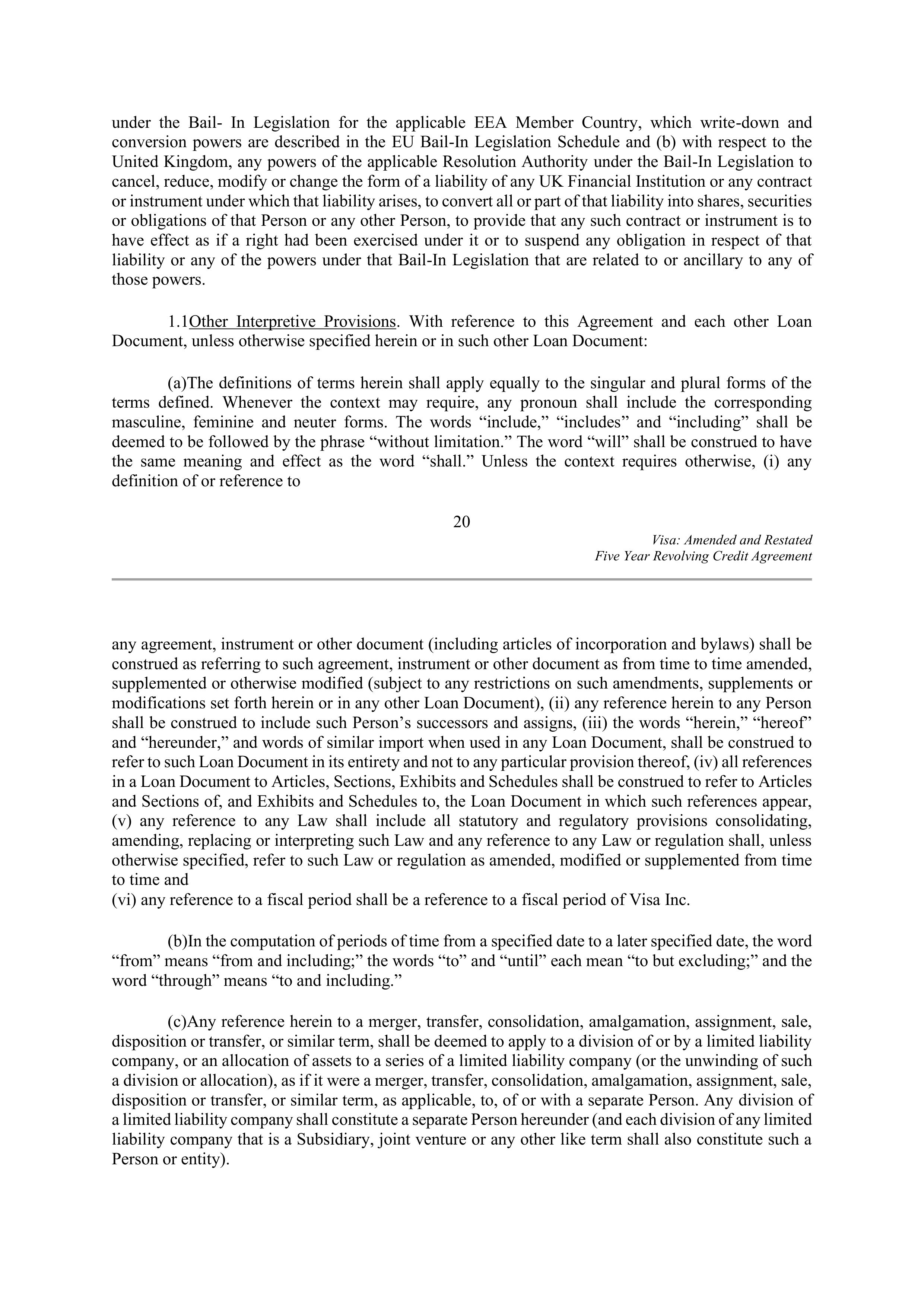 VISA AMENDED AND RESTATED FIVE YEAR REVOLVING CREDIT AGREEMENT — page 29