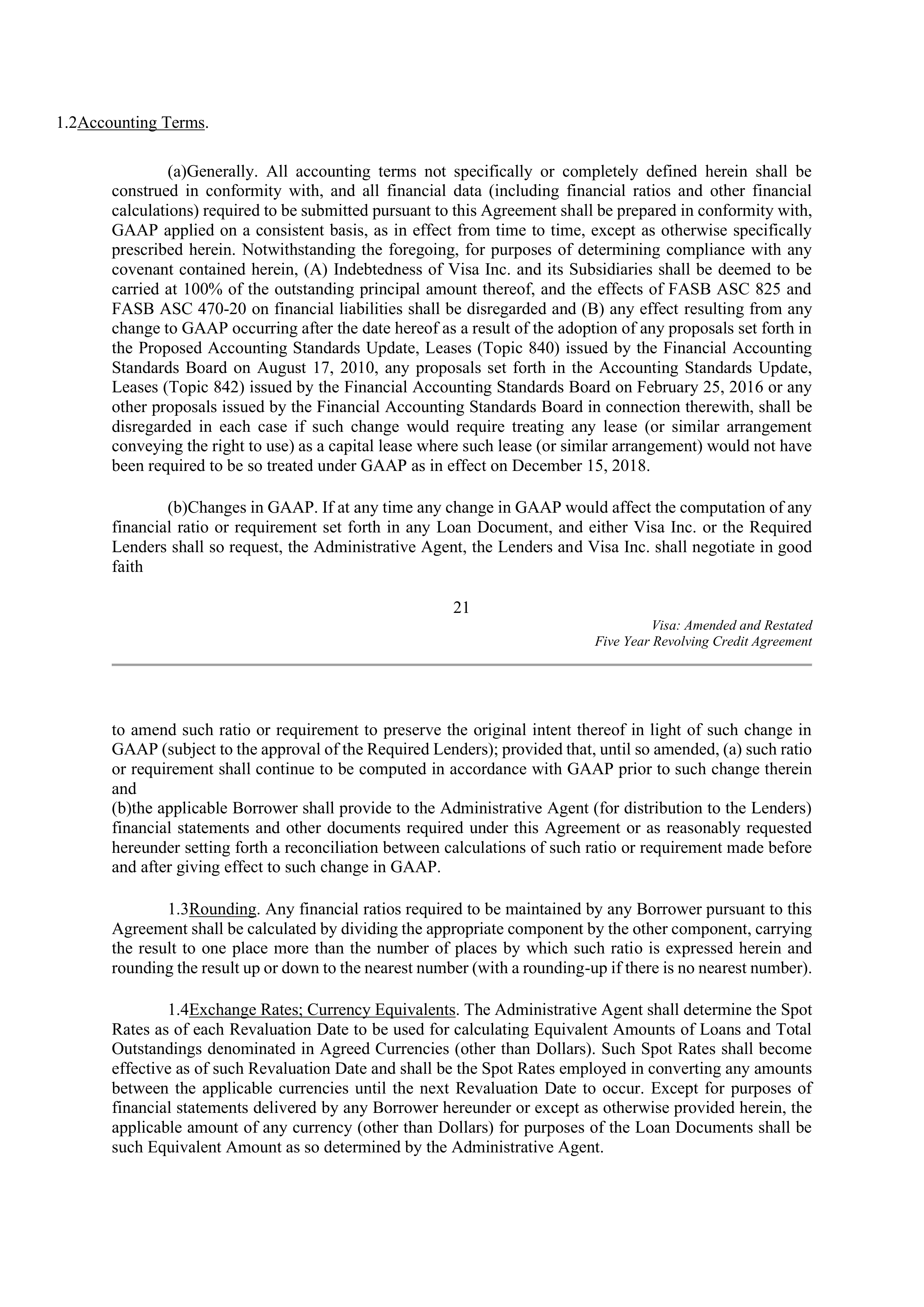 VISA AMENDED AND RESTATED FIVE YEAR REVOLVING CREDIT AGREEMENT — page 30