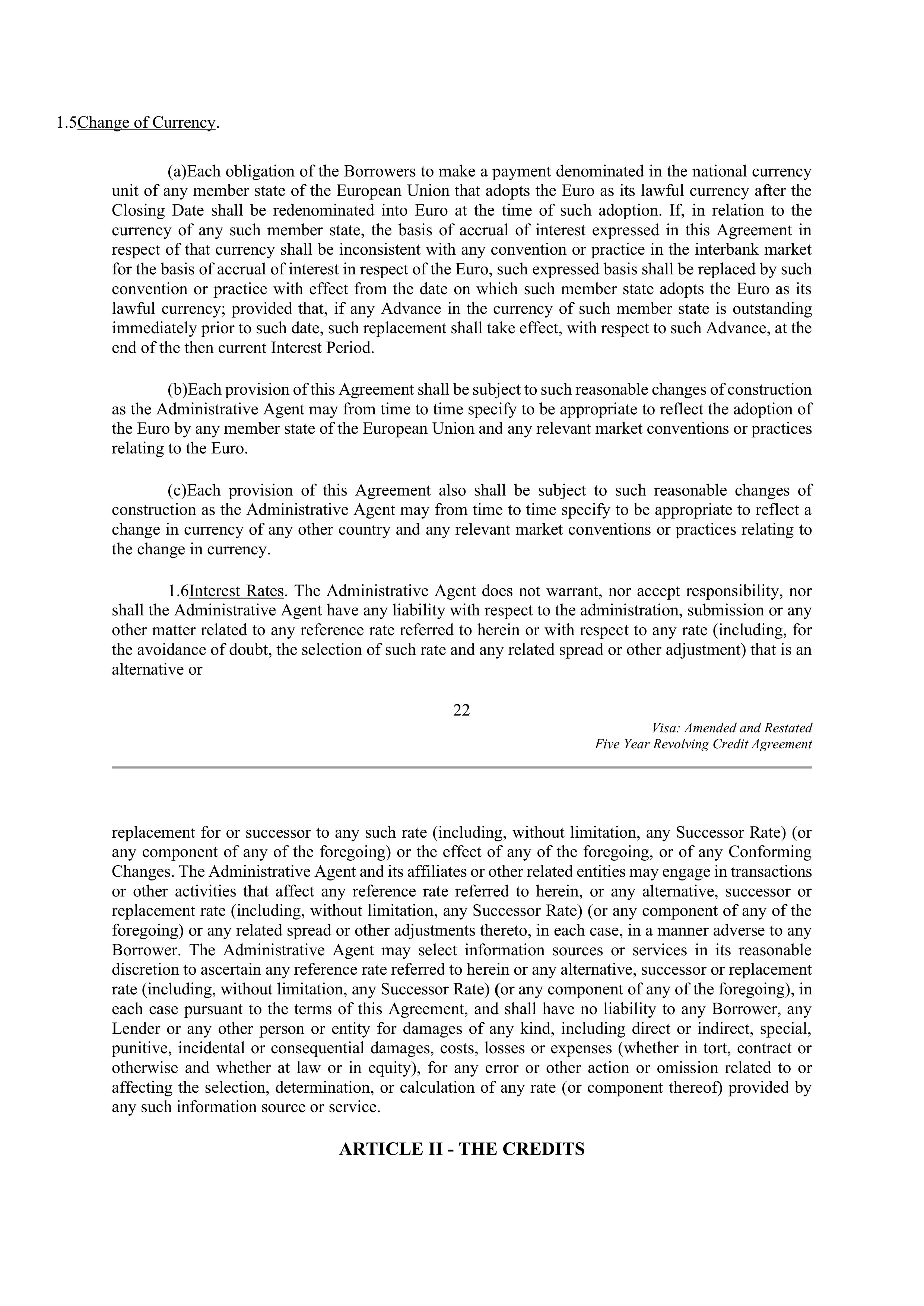 VISA AMENDED AND RESTATED FIVE YEAR REVOLVING CREDIT AGREEMENT — page 31