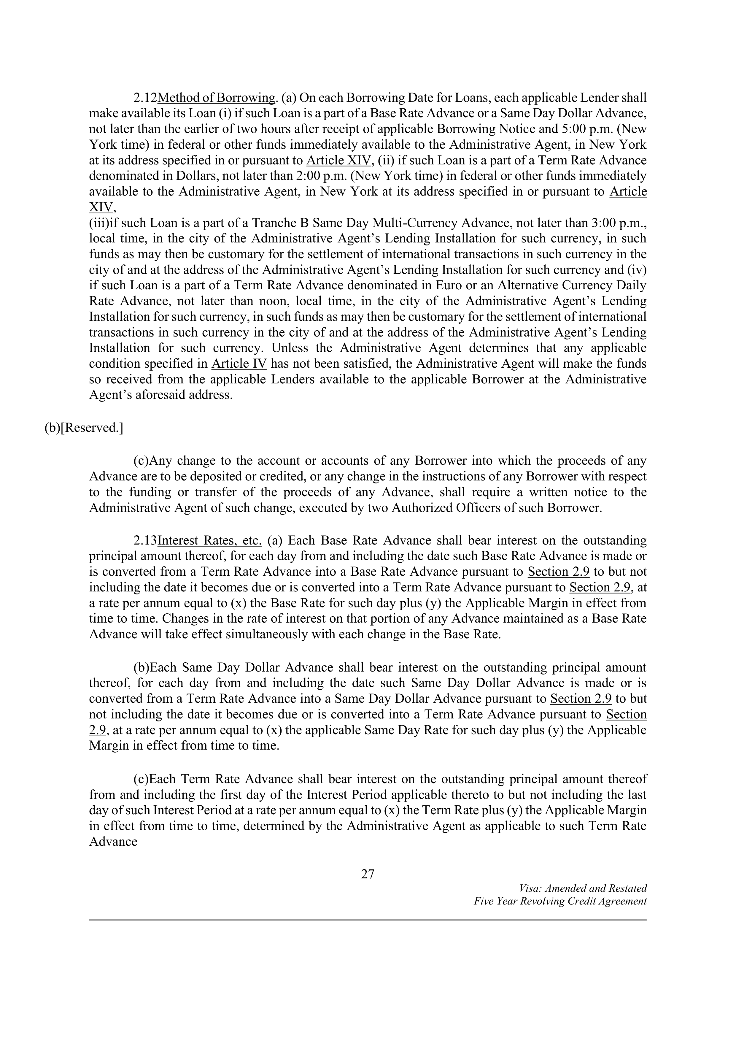 VISA AMENDED AND RESTATED FIVE YEAR REVOLVING CREDIT AGREEMENT — page 36