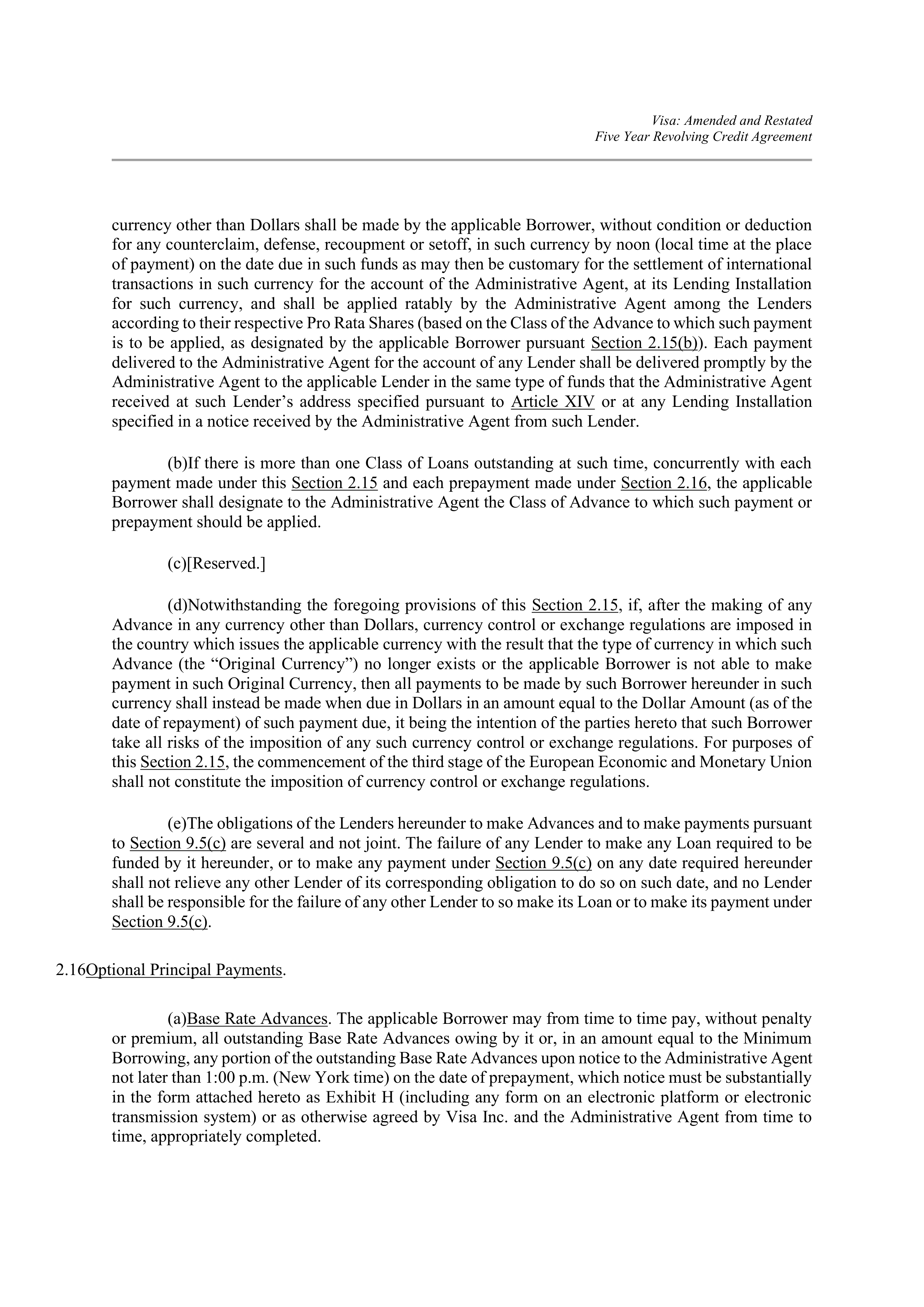 VISA AMENDED AND RESTATED FIVE YEAR REVOLVING CREDIT AGREEMENT — page 38