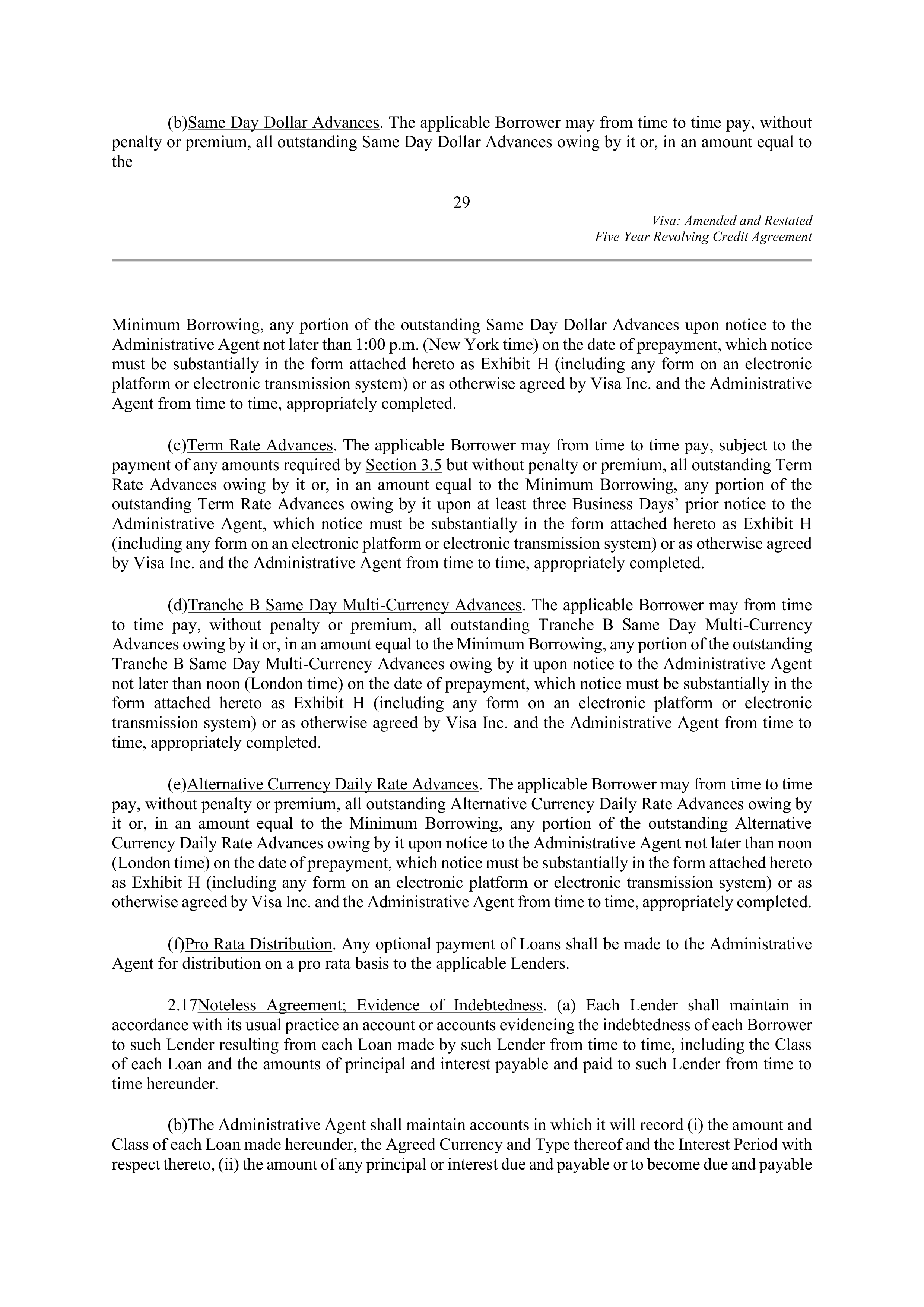 VISA AMENDED AND RESTATED FIVE YEAR REVOLVING CREDIT AGREEMENT — page 39