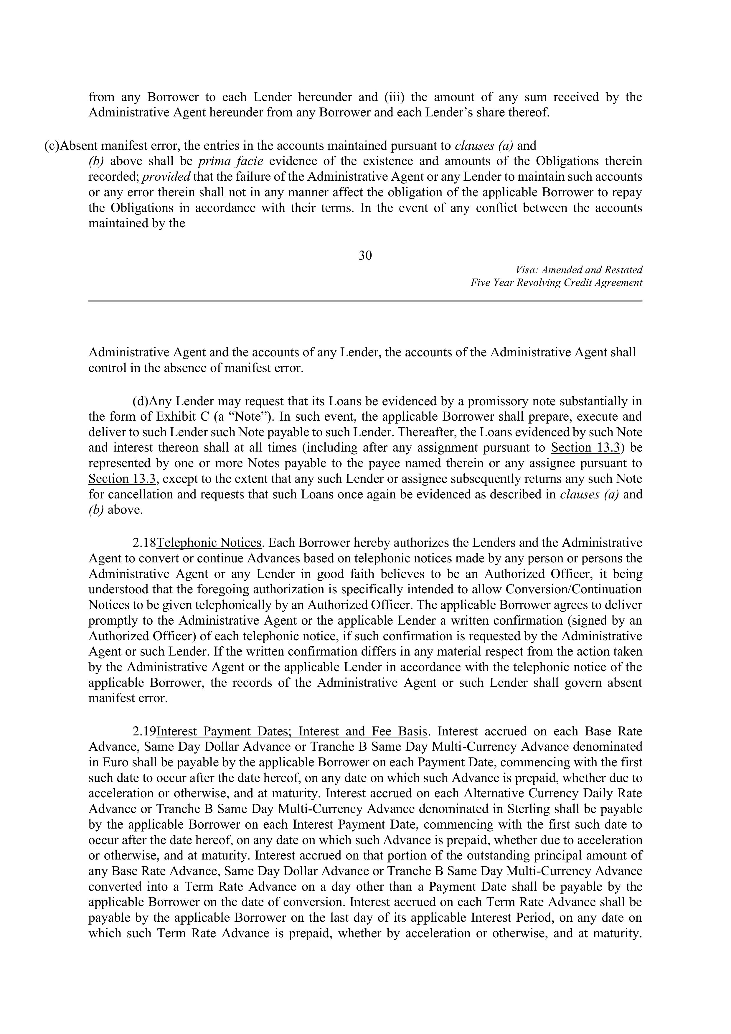 VISA AMENDED AND RESTATED FIVE YEAR REVOLVING CREDIT AGREEMENT — page 40