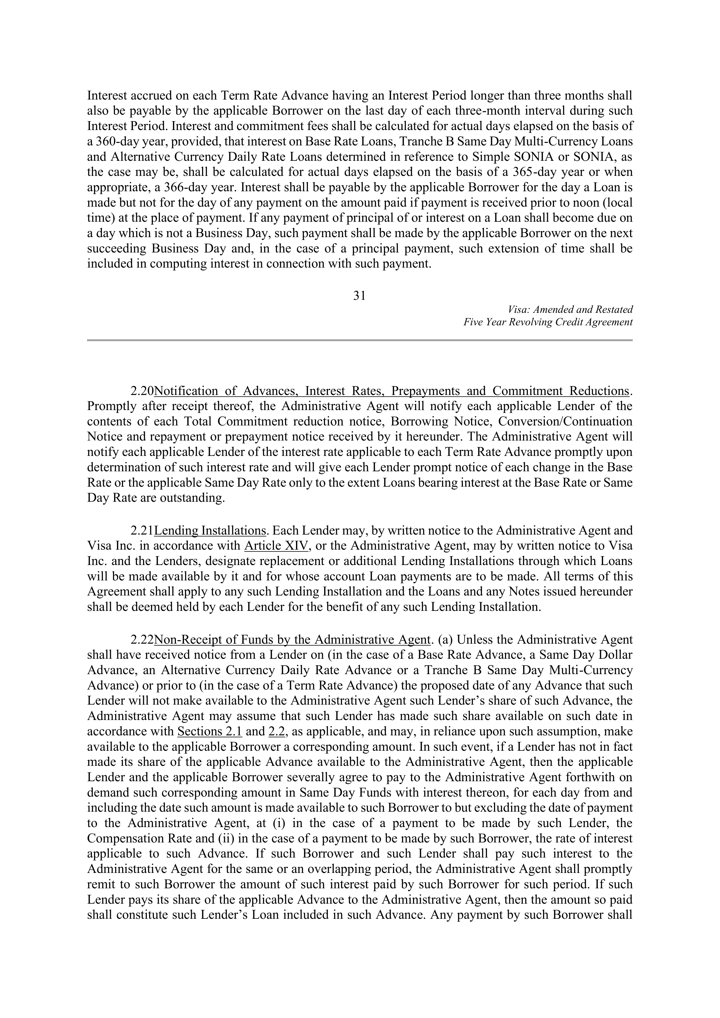 VISA AMENDED AND RESTATED FIVE YEAR REVOLVING CREDIT AGREEMENT — page 41