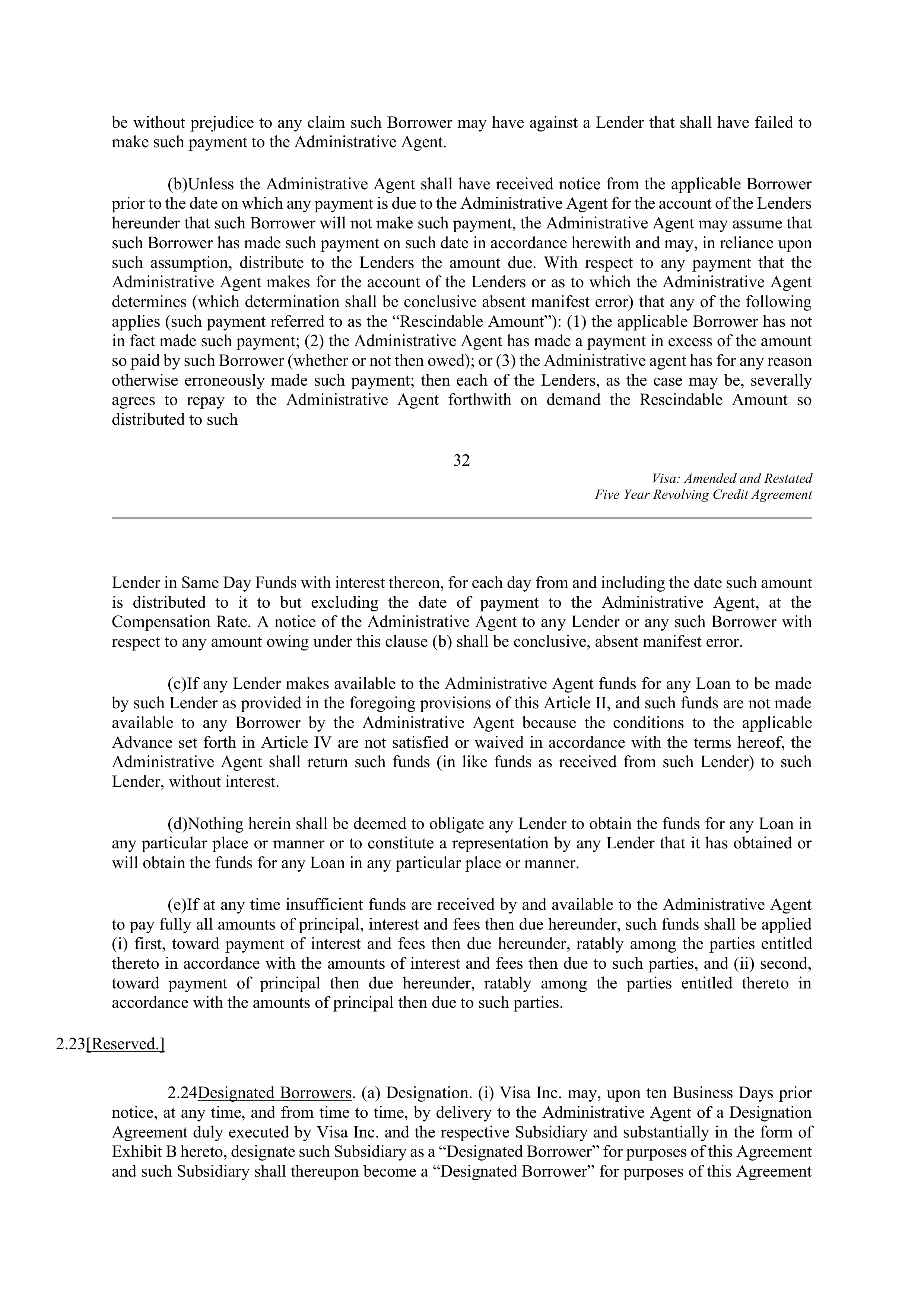 VISA AMENDED AND RESTATED FIVE YEAR REVOLVING CREDIT AGREEMENT — page 42
