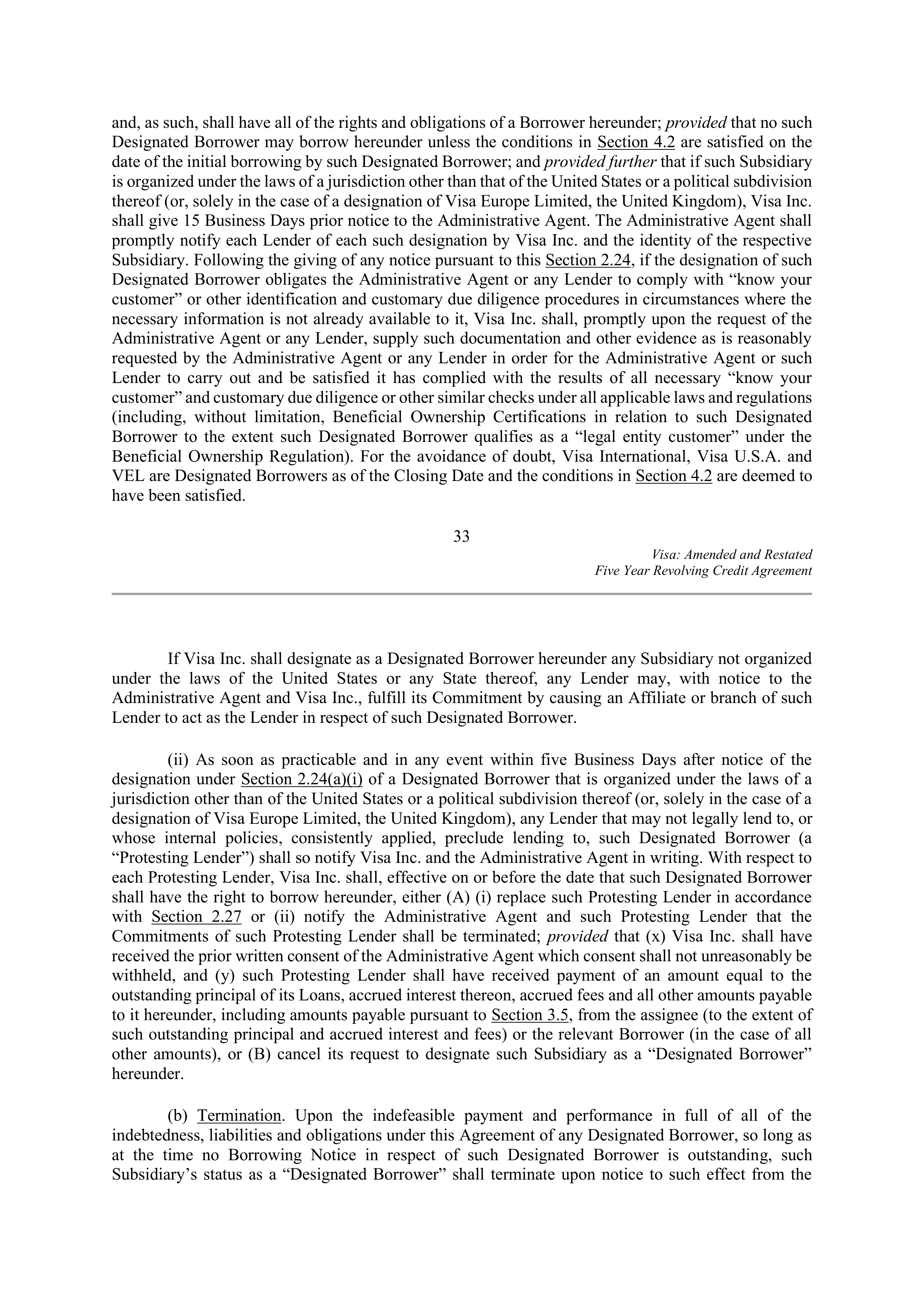 VISA AMENDED AND RESTATED FIVE YEAR REVOLVING CREDIT AGREEMENT — page 43
