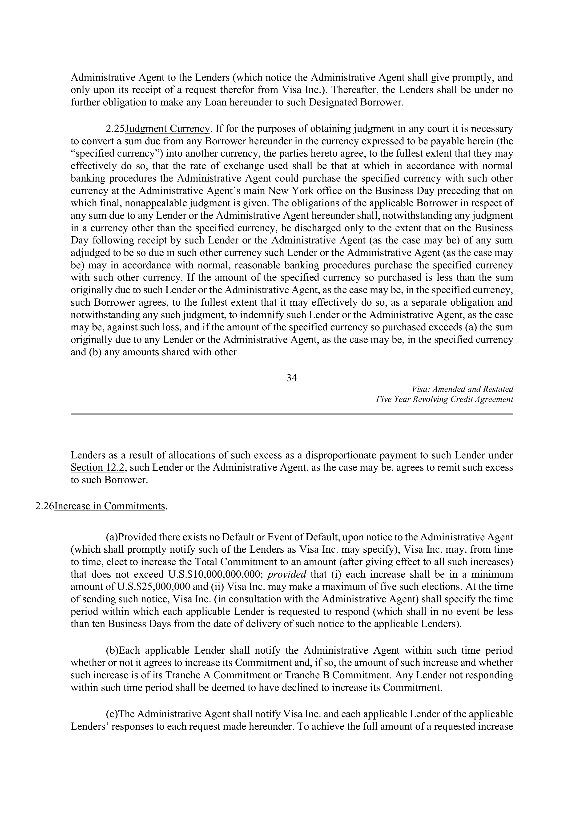 VISA AMENDED AND RESTATED FIVE YEAR REVOLVING CREDIT AGREEMENT — page 44