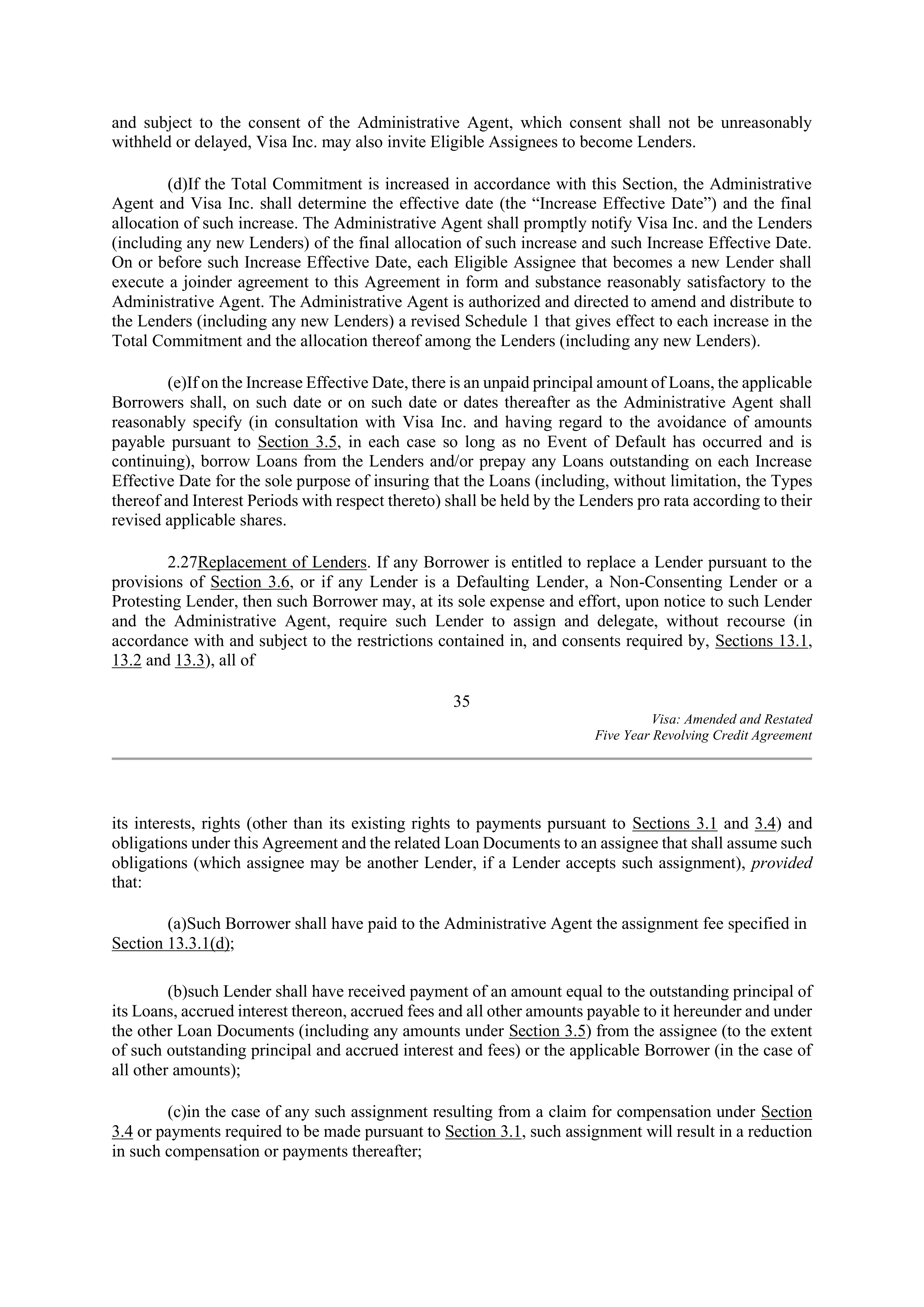 VISA AMENDED AND RESTATED FIVE YEAR REVOLVING CREDIT AGREEMENT — page 45