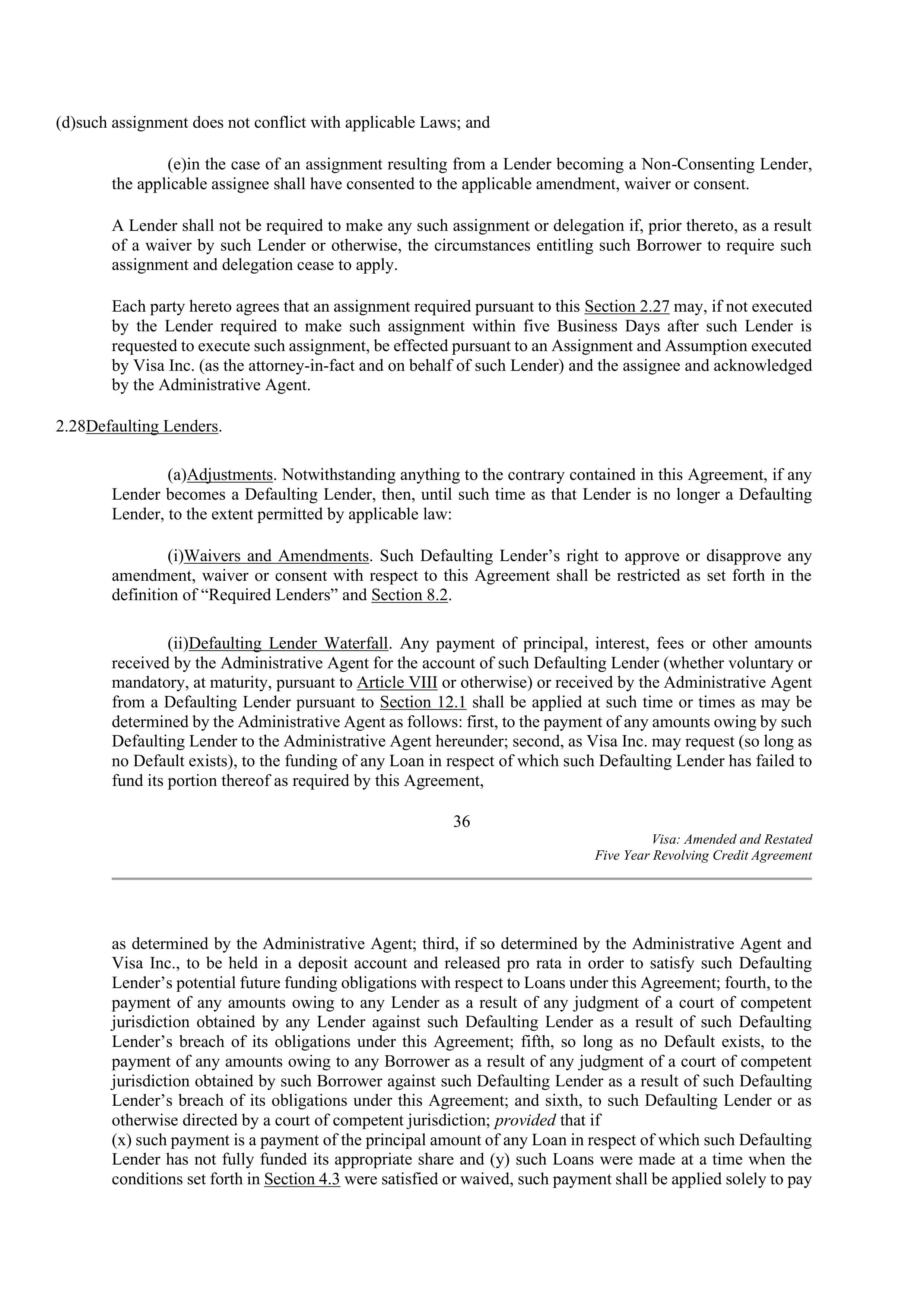 VISA AMENDED AND RESTATED FIVE YEAR REVOLVING CREDIT AGREEMENT — page 46