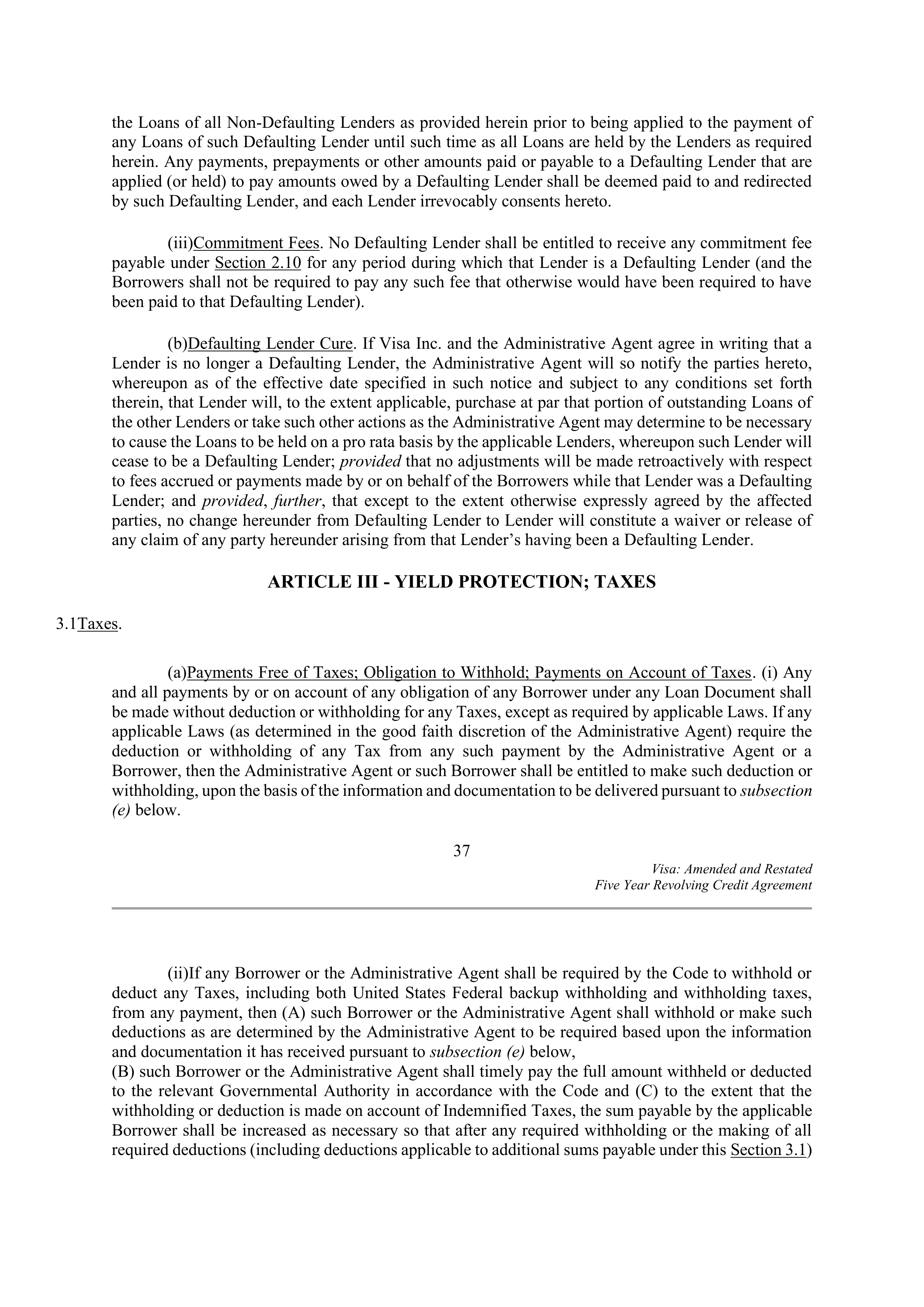 VISA AMENDED AND RESTATED FIVE YEAR REVOLVING CREDIT AGREEMENT — page 47