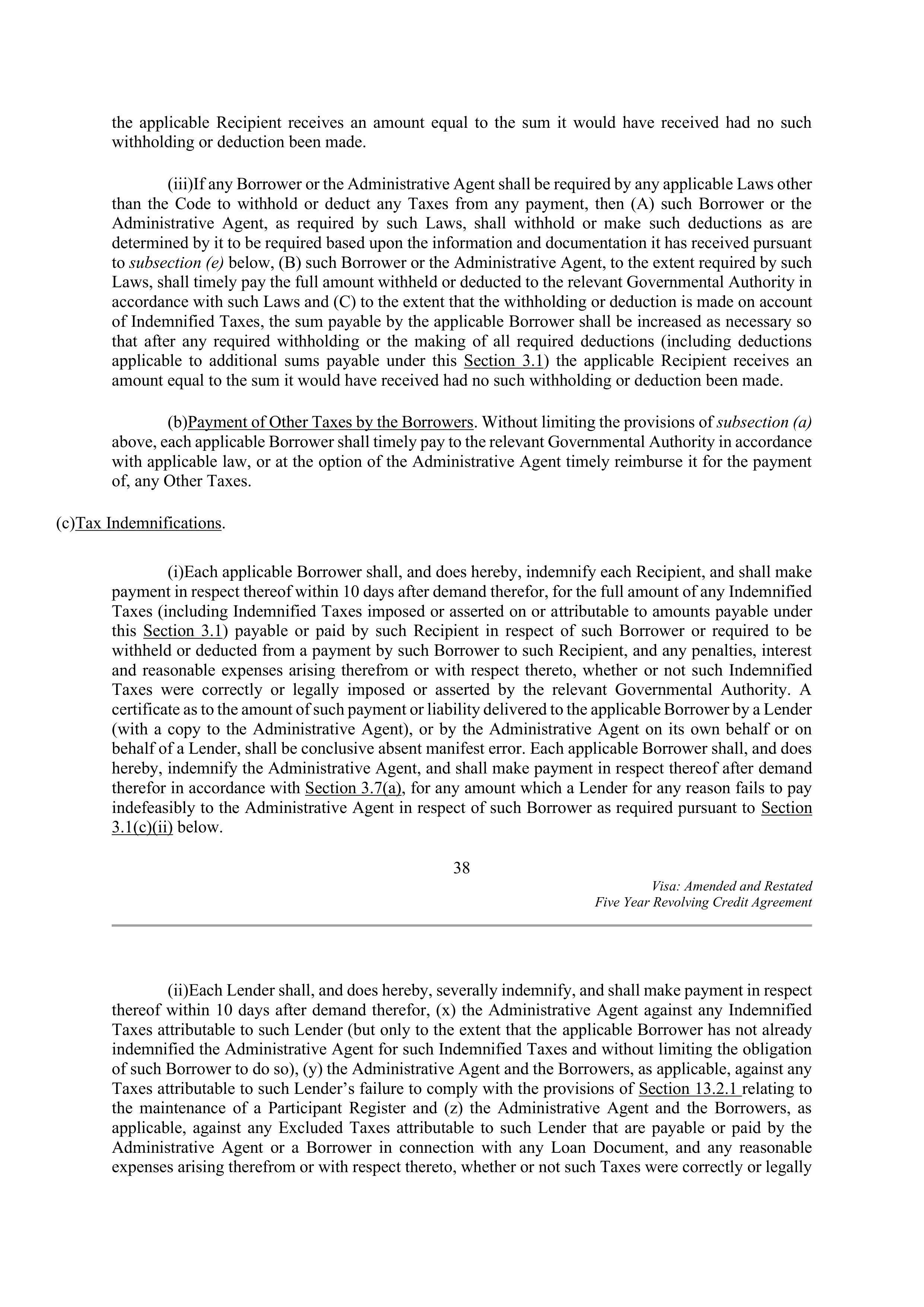 VISA AMENDED AND RESTATED FIVE YEAR REVOLVING CREDIT AGREEMENT — page 48