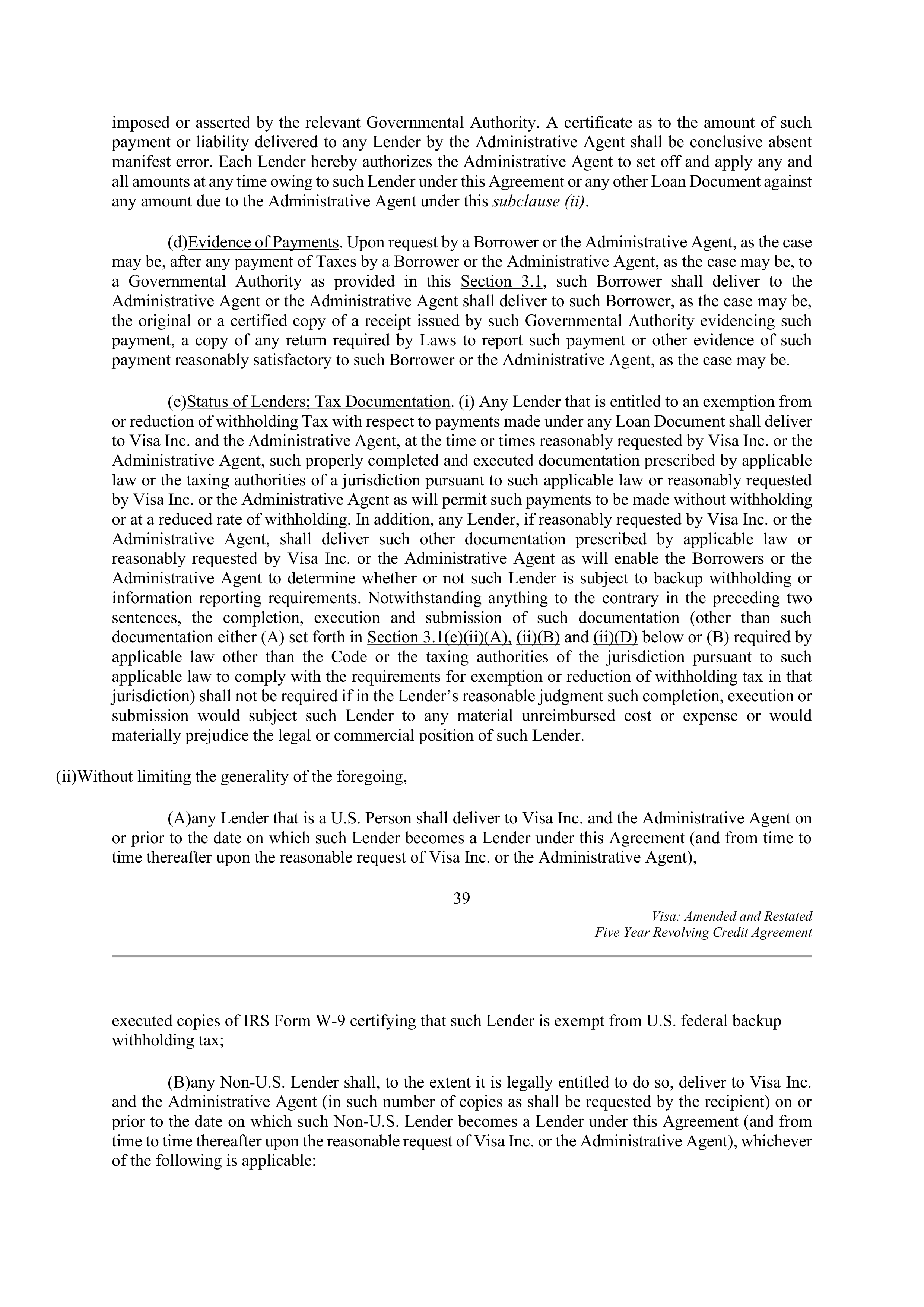 VISA AMENDED AND RESTATED FIVE YEAR REVOLVING CREDIT AGREEMENT — page 49
