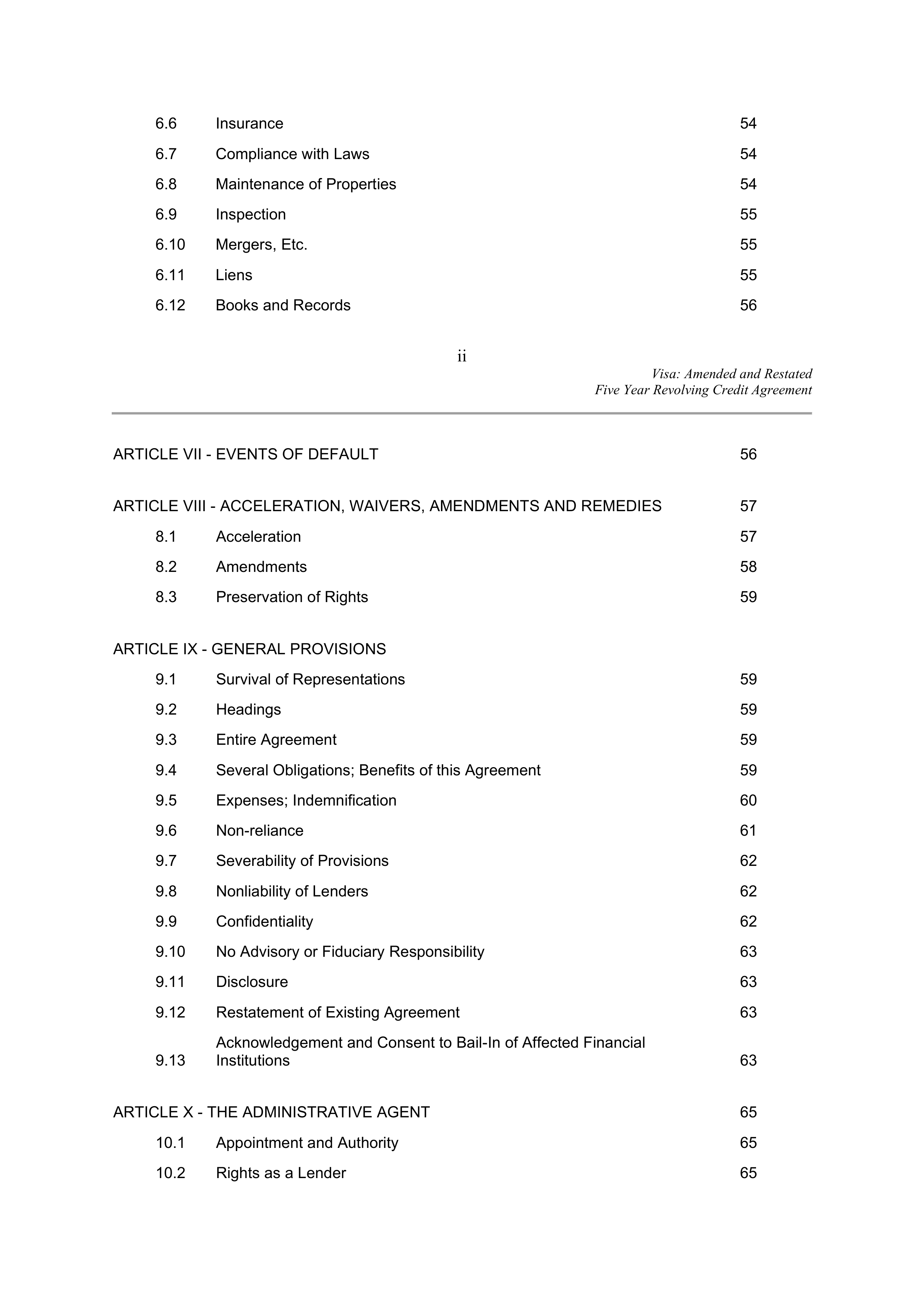 VISA AMENDED AND RESTATED FIVE YEAR REVOLVING CREDIT AGREEMENT — page 5
