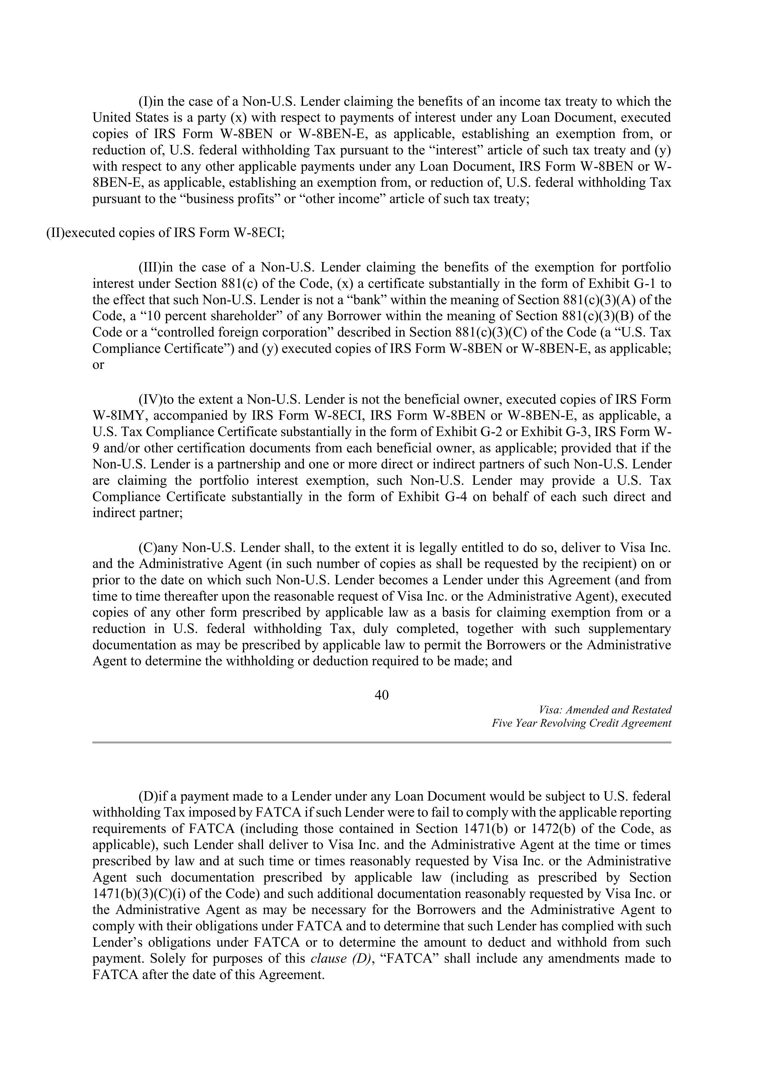 VISA AMENDED AND RESTATED FIVE YEAR REVOLVING CREDIT AGREEMENT — page 50