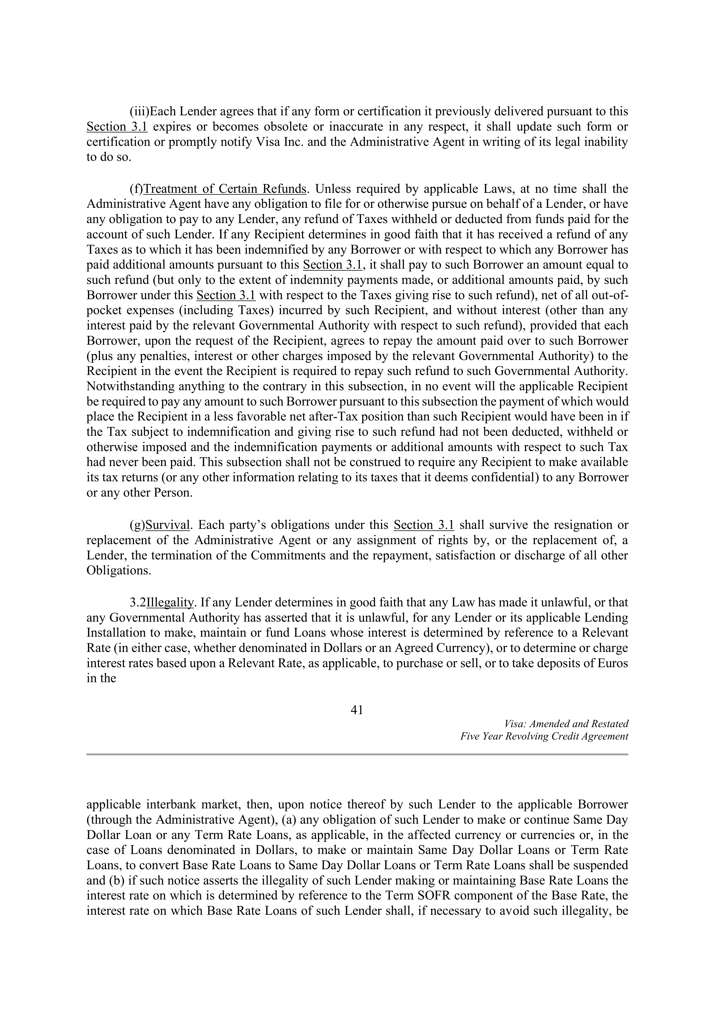 VISA AMENDED AND RESTATED FIVE YEAR REVOLVING CREDIT AGREEMENT — page 51