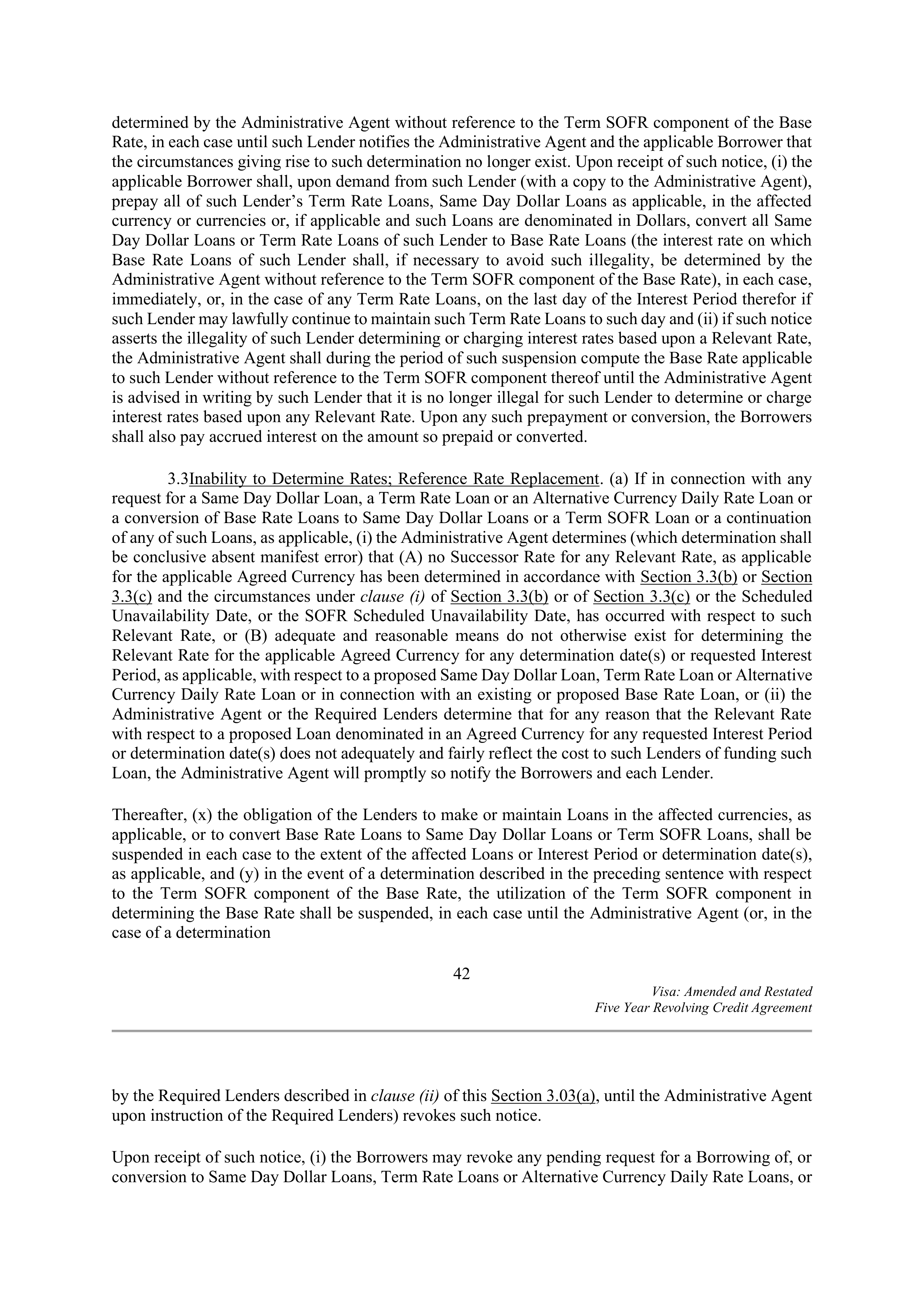 VISA AMENDED AND RESTATED FIVE YEAR REVOLVING CREDIT AGREEMENT — page 52