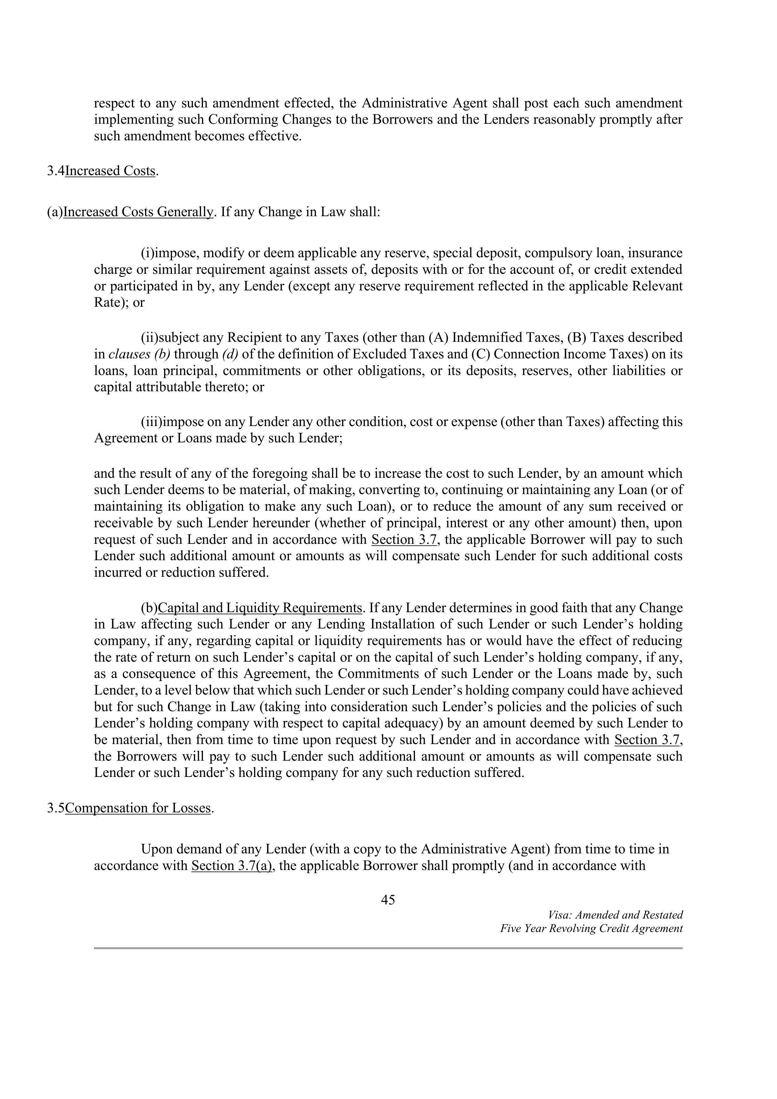 VISA AMENDED AND RESTATED FIVE YEAR REVOLVING CREDIT AGREEMENT — page 55