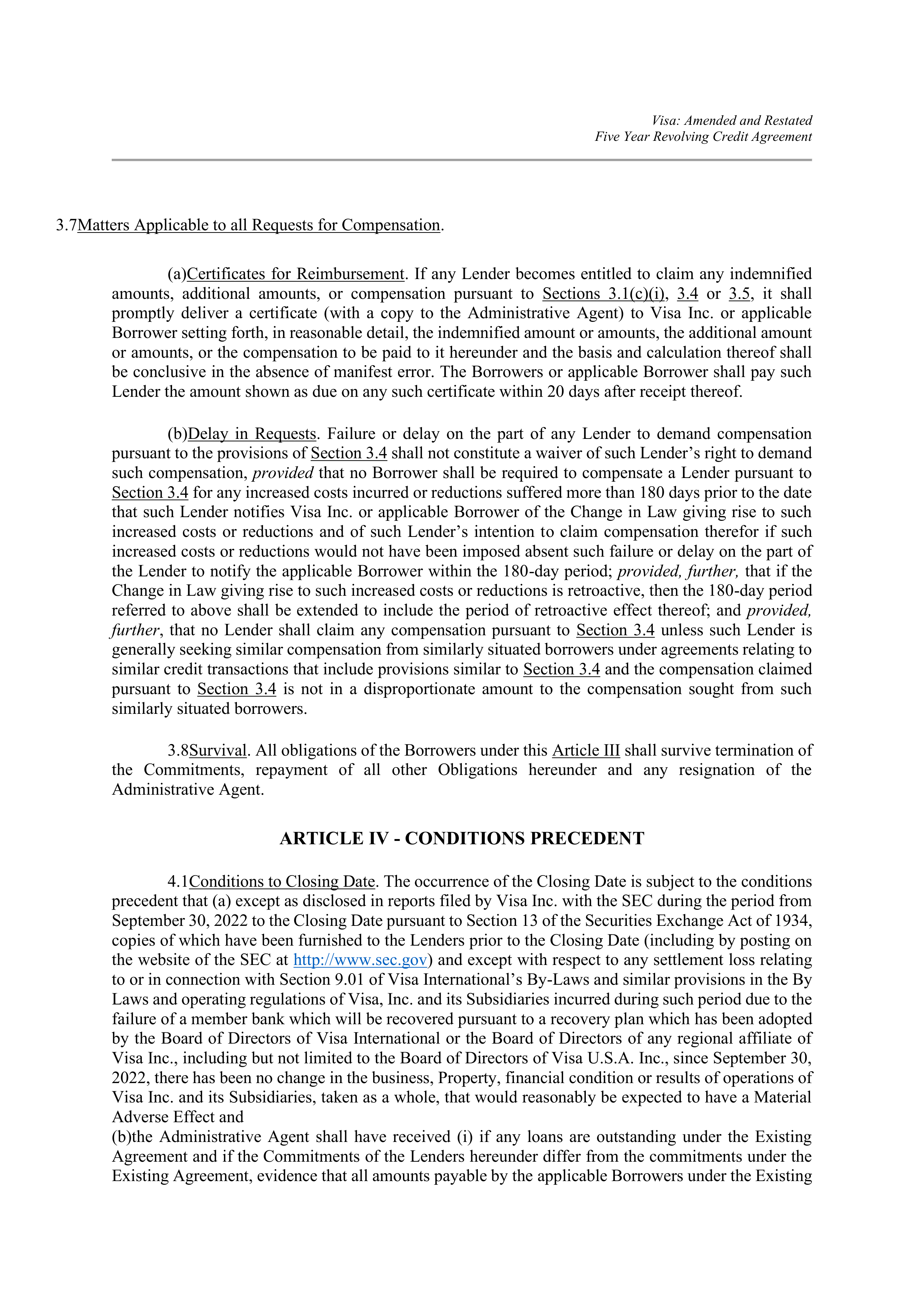 VISA AMENDED AND RESTATED FIVE YEAR REVOLVING CREDIT AGREEMENT — page 57