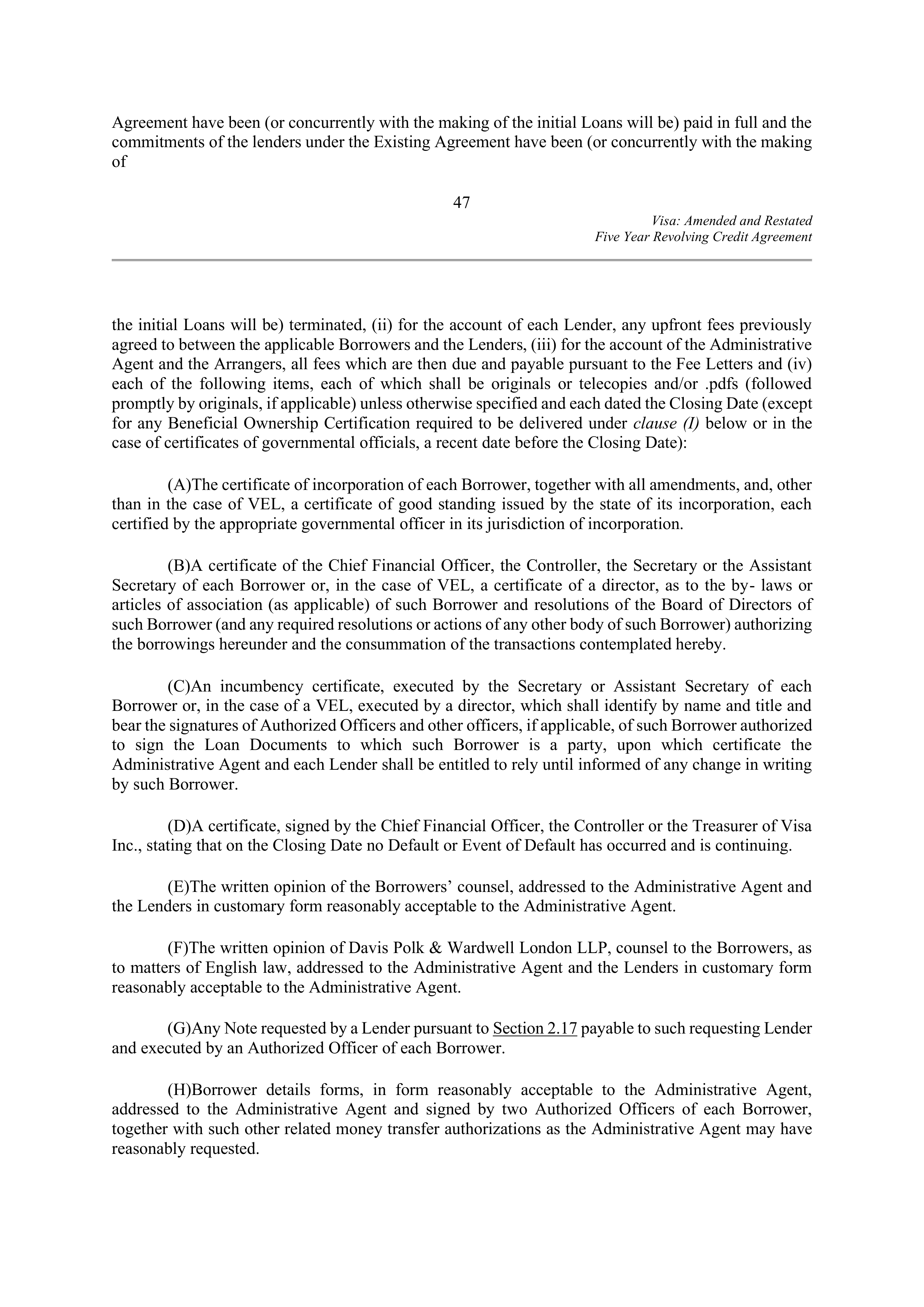 VISA AMENDED AND RESTATED FIVE YEAR REVOLVING CREDIT AGREEMENT — page 58