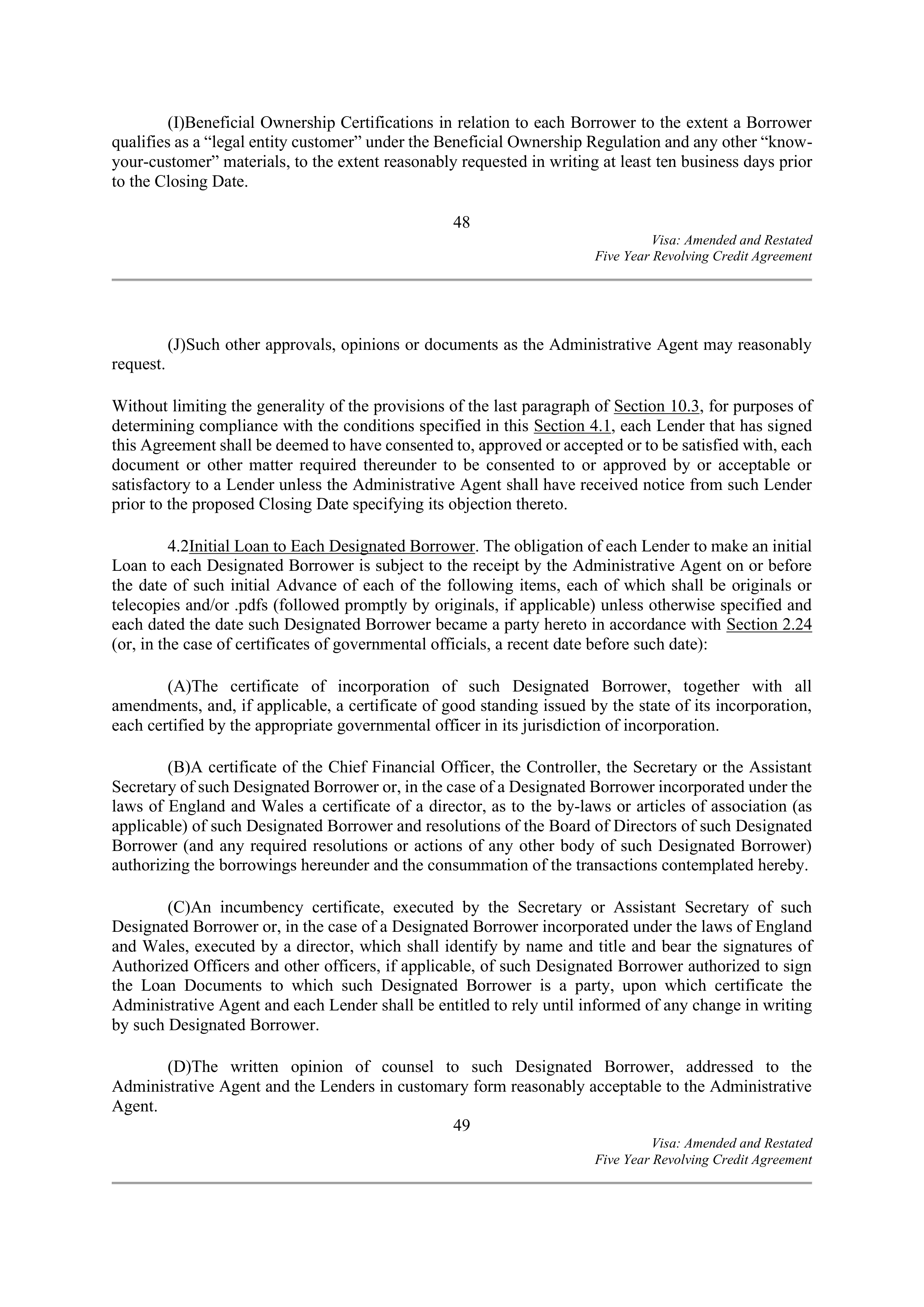 VISA AMENDED AND RESTATED FIVE YEAR REVOLVING CREDIT AGREEMENT — page 59