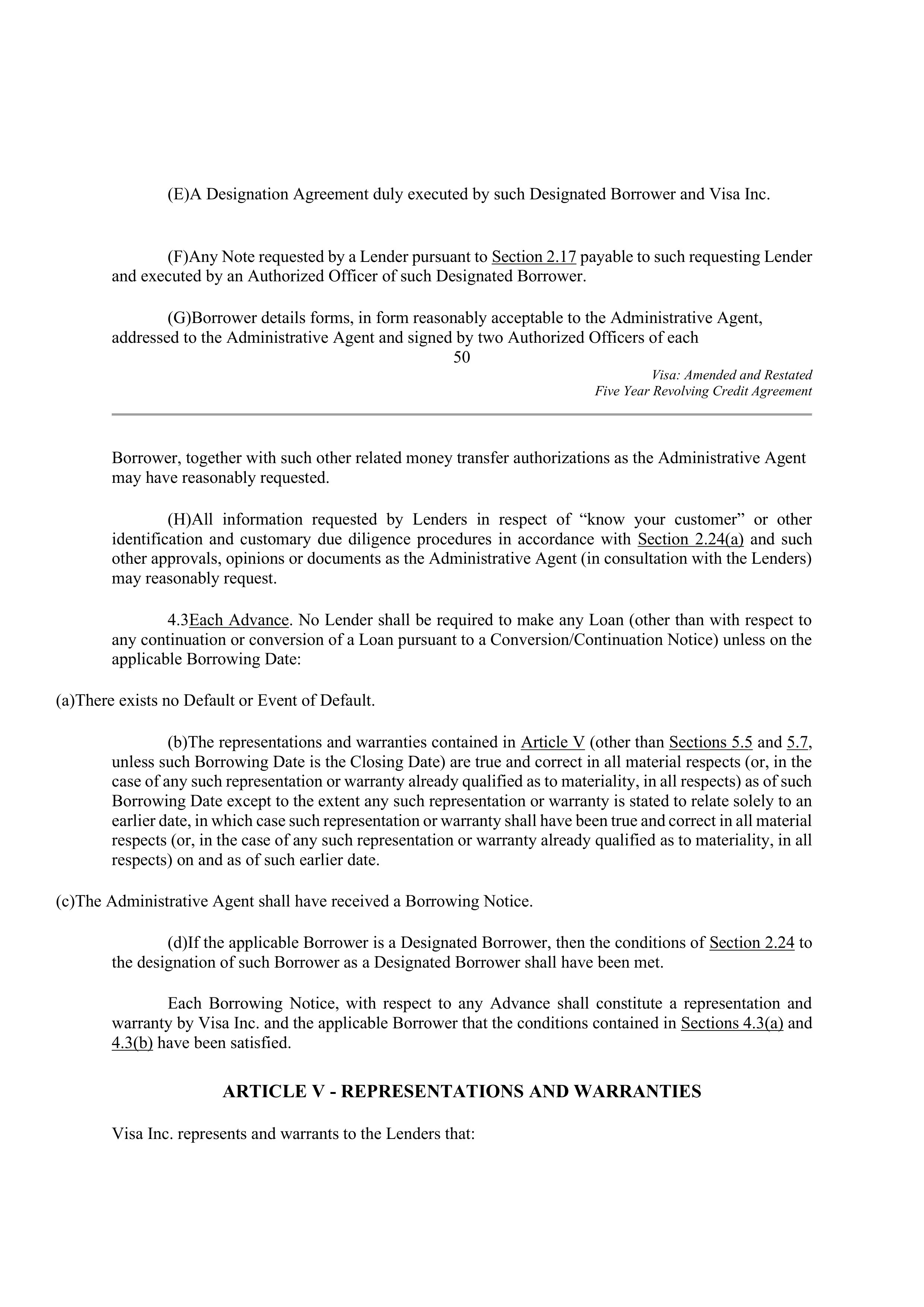 VISA AMENDED AND RESTATED FIVE YEAR REVOLVING CREDIT AGREEMENT — page 60