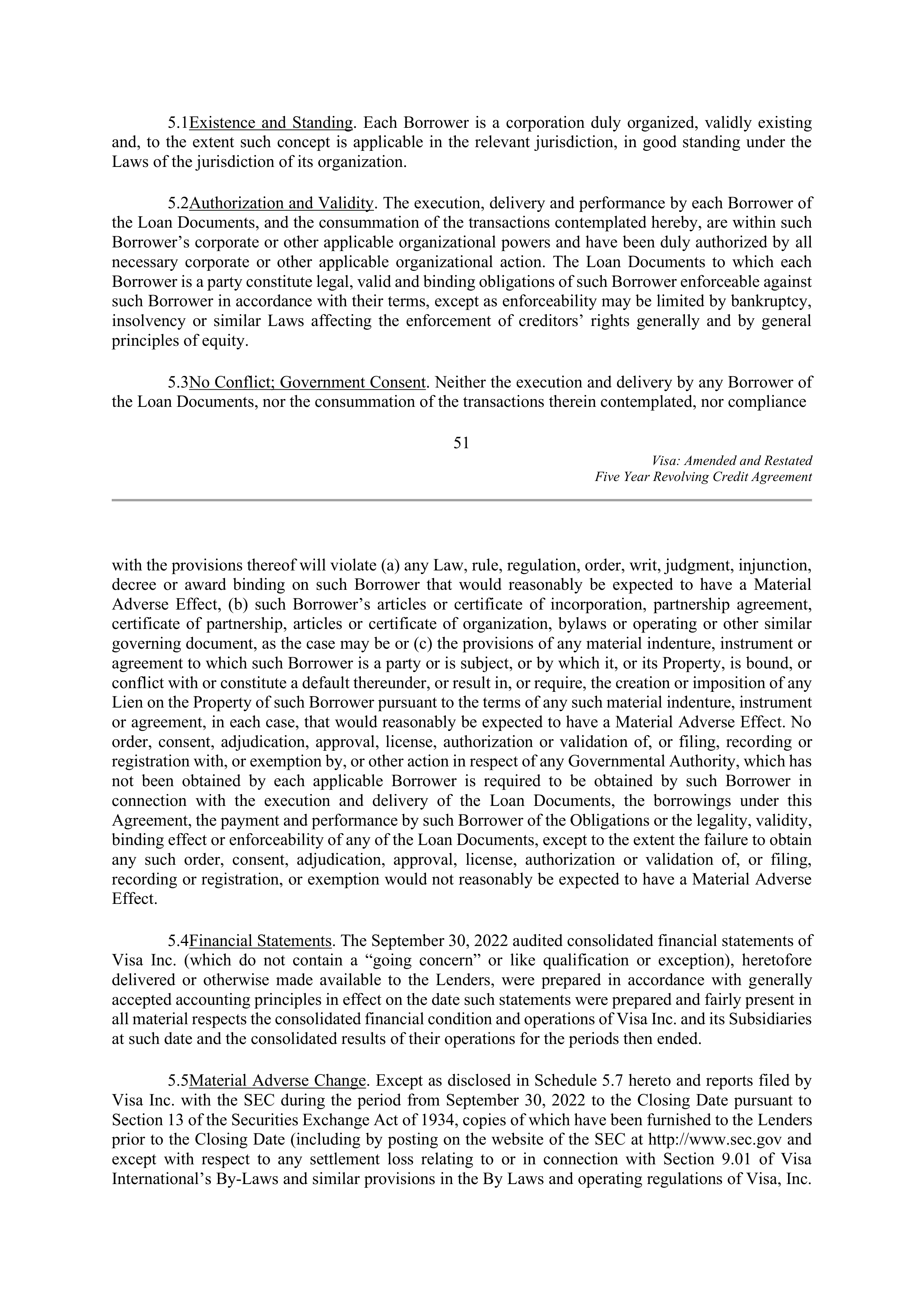 VISA AMENDED AND RESTATED FIVE YEAR REVOLVING CREDIT AGREEMENT — page 61