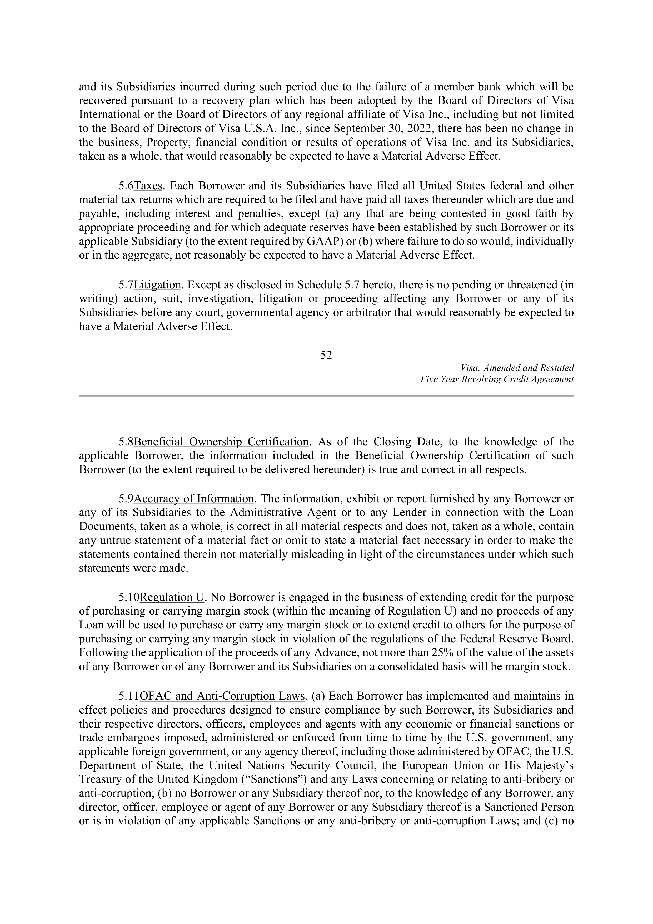VISA AMENDED AND RESTATED FIVE YEAR REVOLVING CREDIT AGREEMENT — page 62