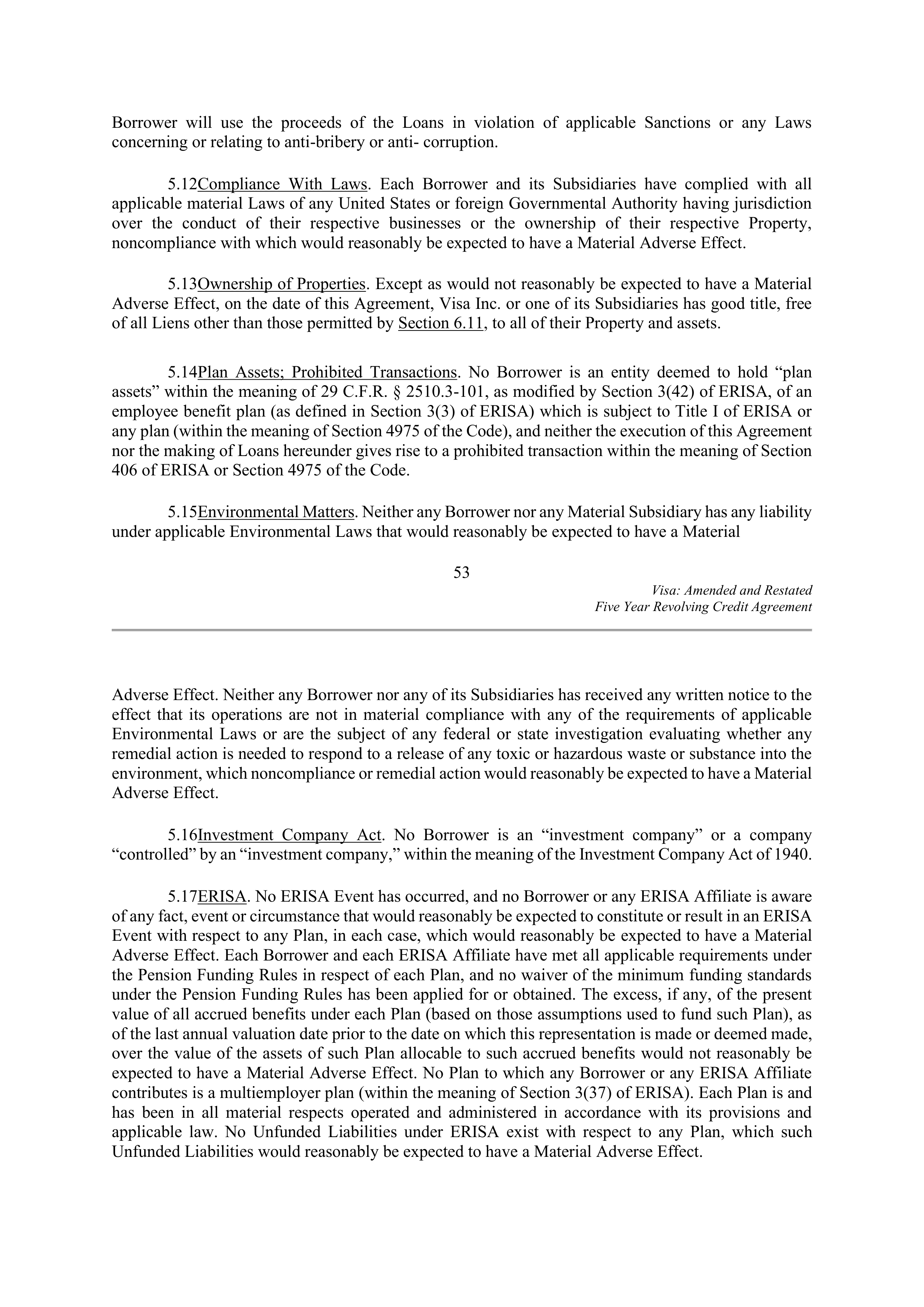 VISA AMENDED AND RESTATED FIVE YEAR REVOLVING CREDIT AGREEMENT — page 63