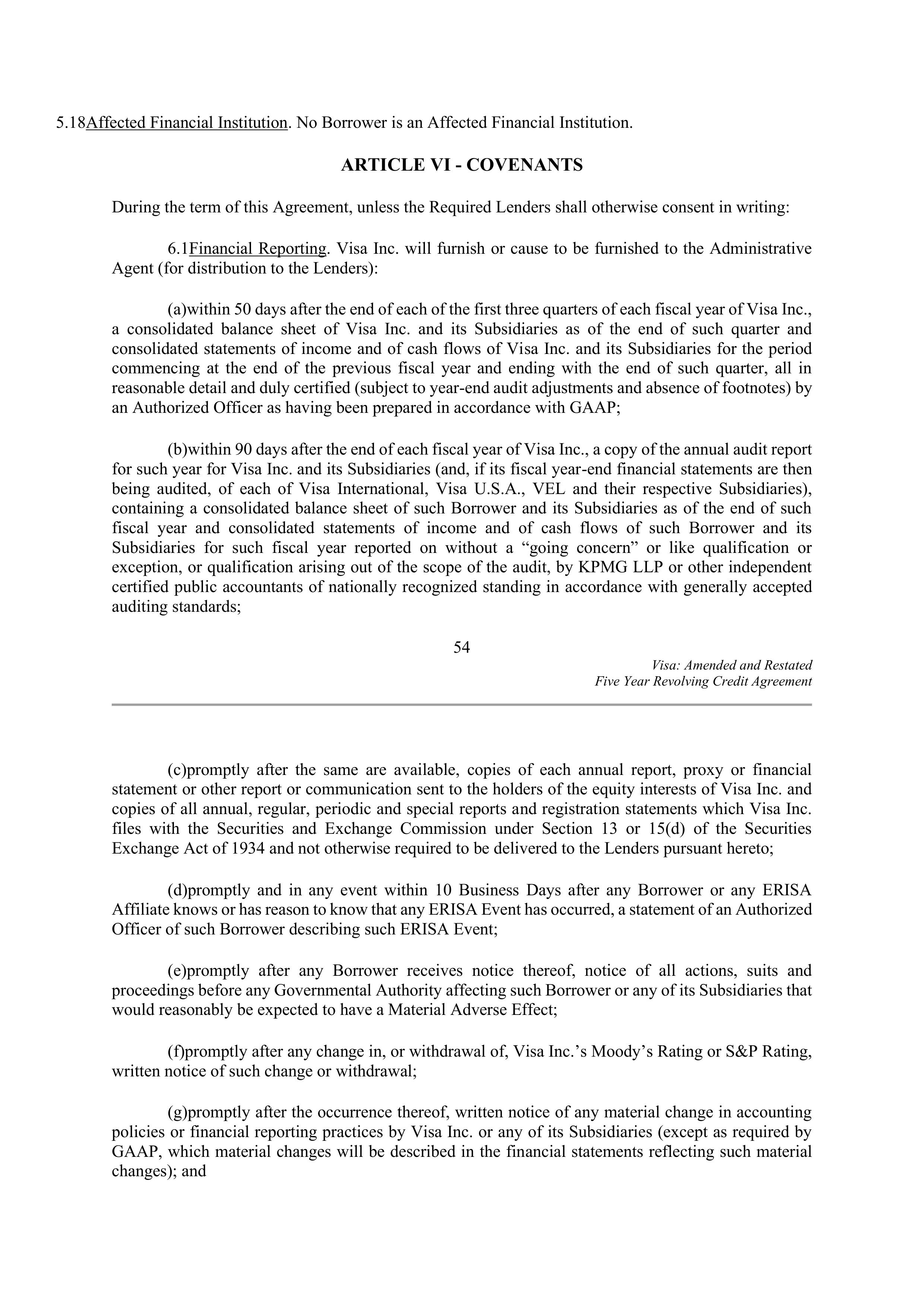 VISA AMENDED AND RESTATED FIVE YEAR REVOLVING CREDIT AGREEMENT — page 64