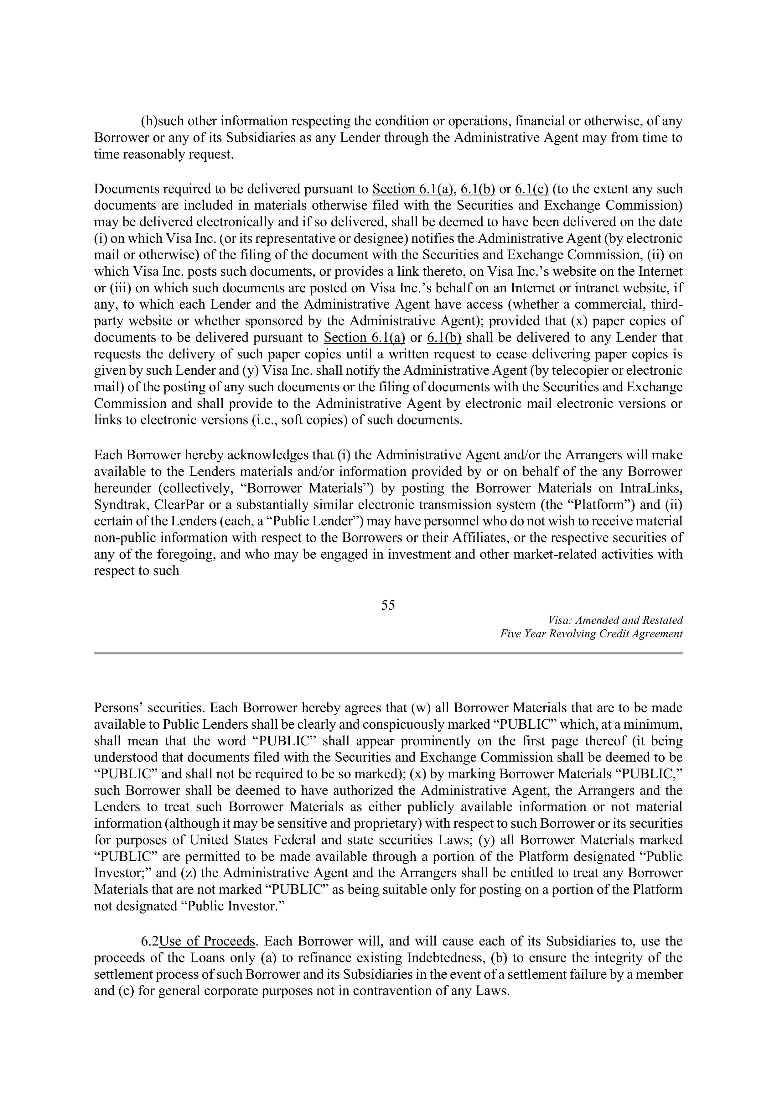 VISA AMENDED AND RESTATED FIVE YEAR REVOLVING CREDIT AGREEMENT — page 65