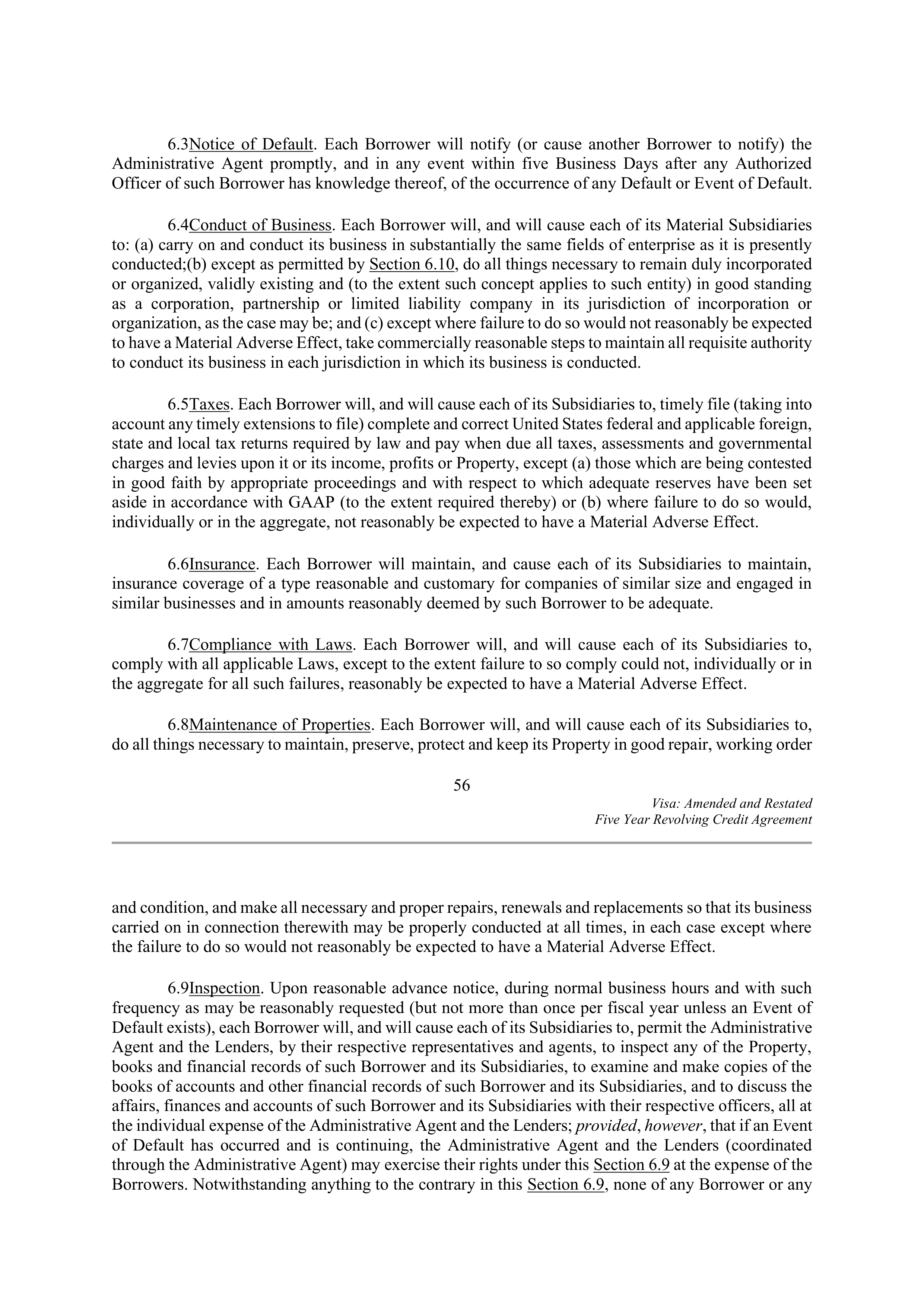 VISA AMENDED AND RESTATED FIVE YEAR REVOLVING CREDIT AGREEMENT — page 66