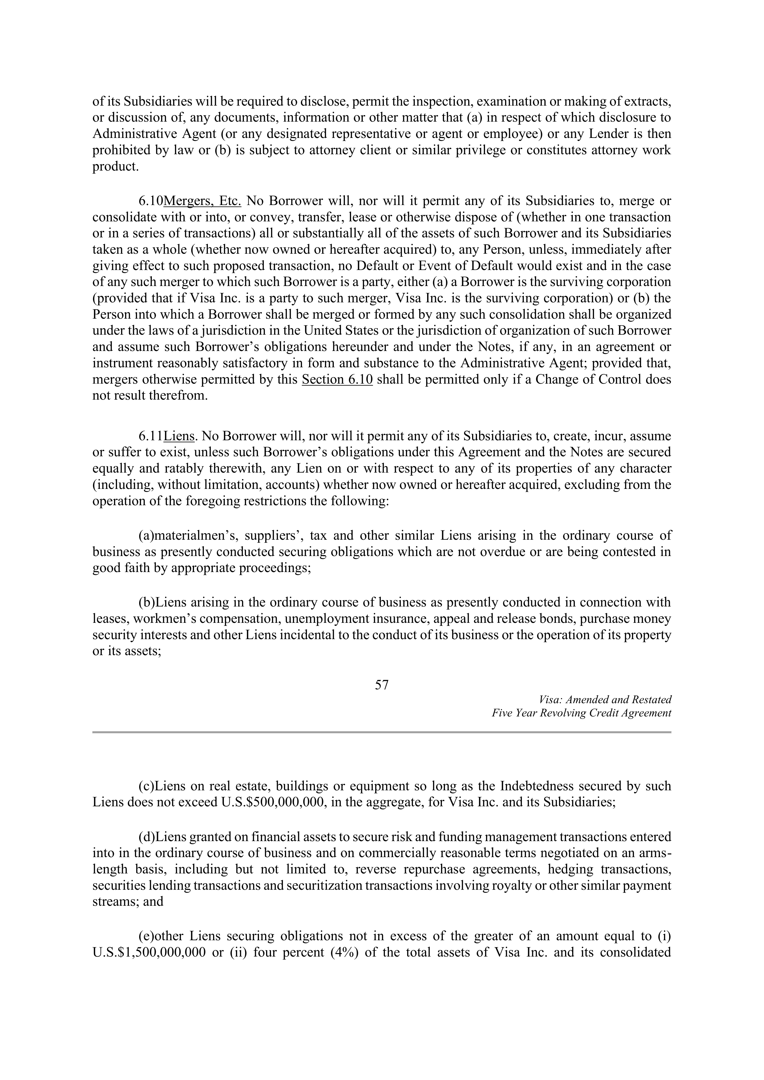 VISA AMENDED AND RESTATED FIVE YEAR REVOLVING CREDIT AGREEMENT — page 67
