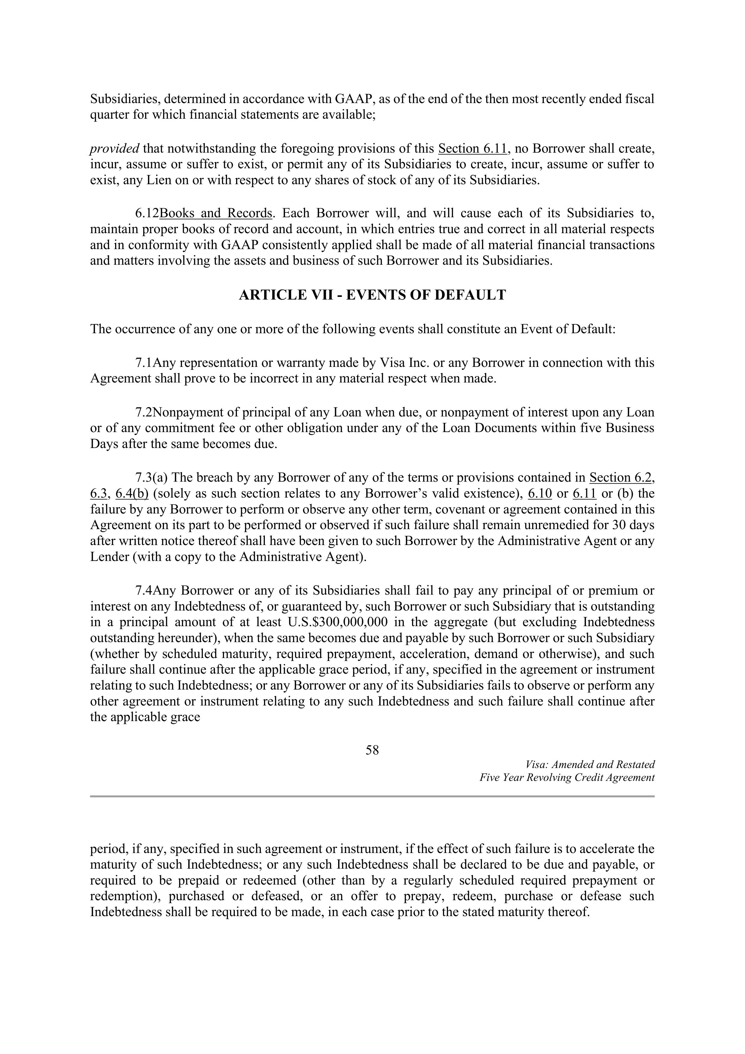VISA AMENDED AND RESTATED FIVE YEAR REVOLVING CREDIT AGREEMENT — page 68
