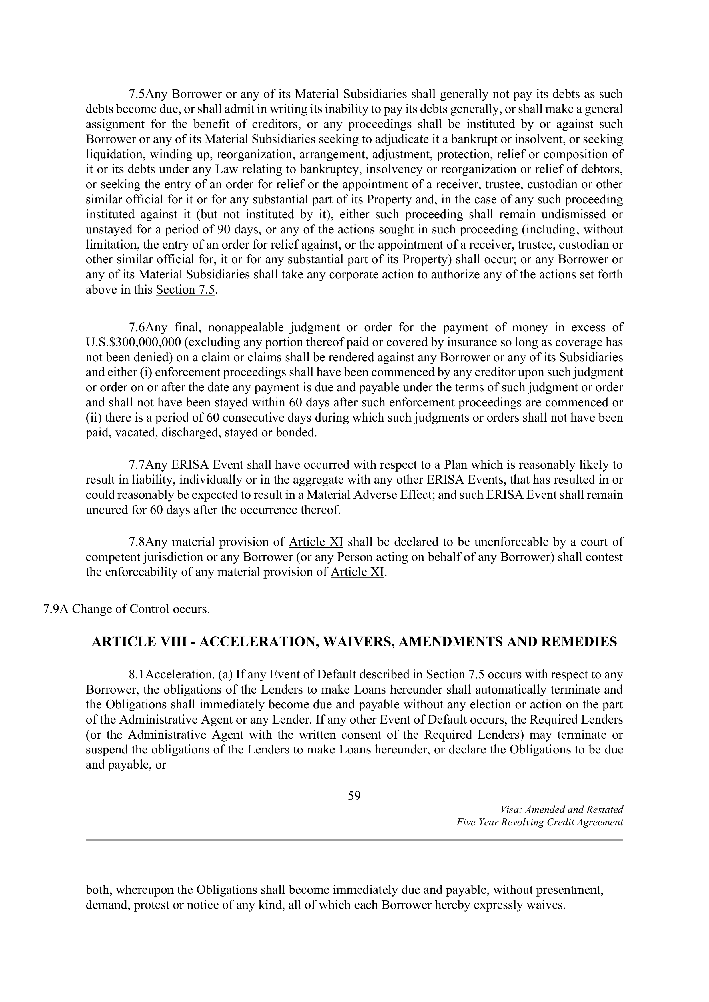 VISA AMENDED AND RESTATED FIVE YEAR REVOLVING CREDIT AGREEMENT — page 69