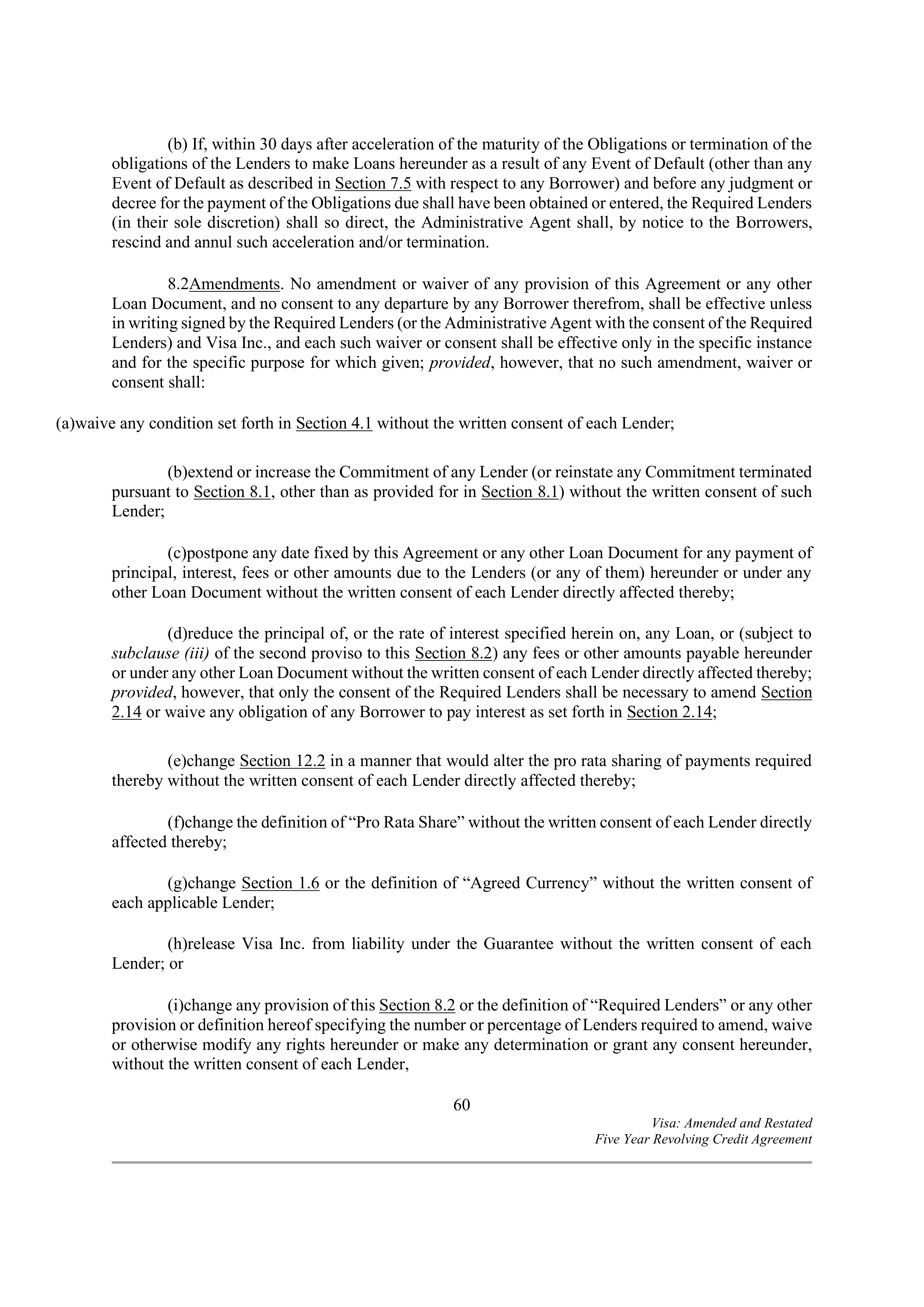 VISA AMENDED AND RESTATED FIVE YEAR REVOLVING CREDIT AGREEMENT — page 70