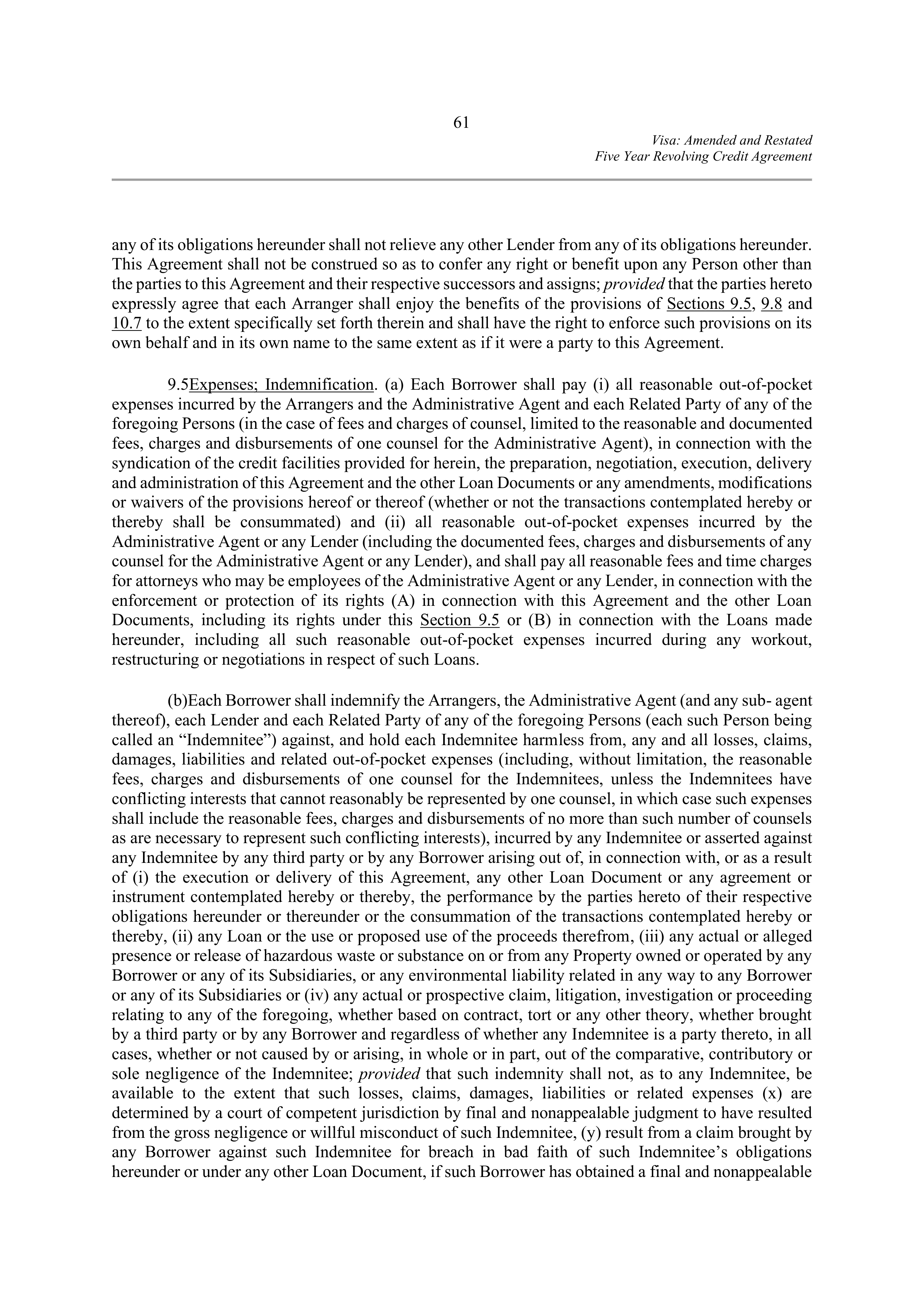 VISA AMENDED AND RESTATED FIVE YEAR REVOLVING CREDIT AGREEMENT — page 72
