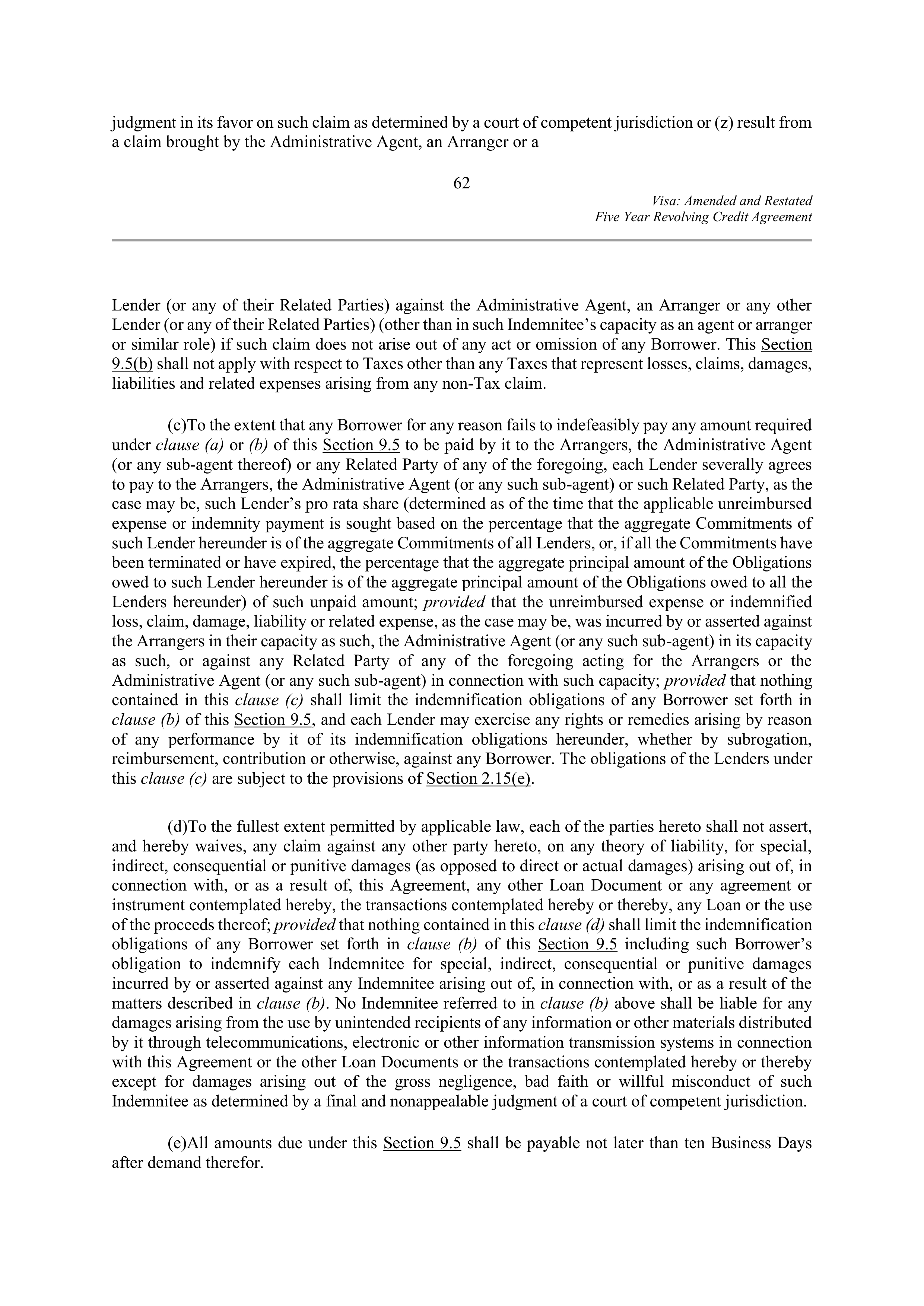 VISA AMENDED AND RESTATED FIVE YEAR REVOLVING CREDIT AGREEMENT — page 73